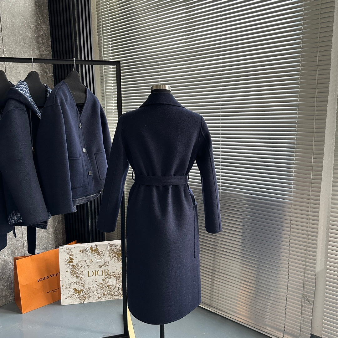 CD 26s Belted Long Wool Coat Navy Blue Cashmere Wool 429353