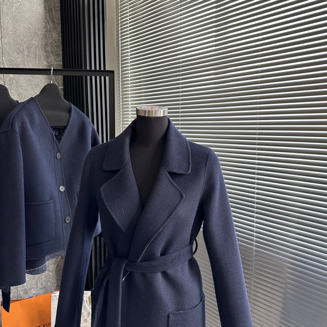 CD 26s Belted Long Wool Coat Navy Blue Cashmere Wool 429353