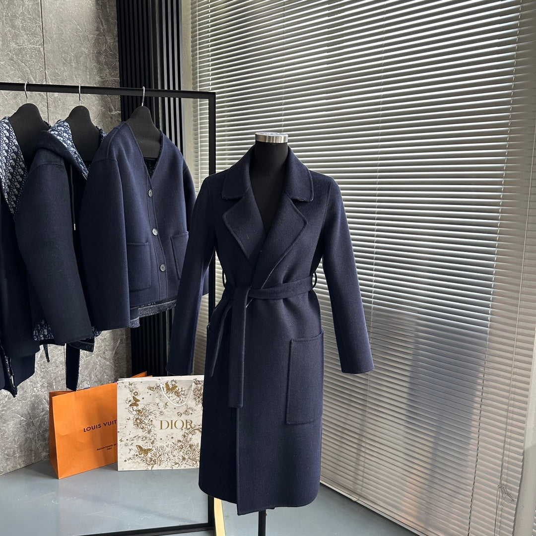 CD 26s Belted Long Wool Coat Navy Blue Cashmere Wool 429353