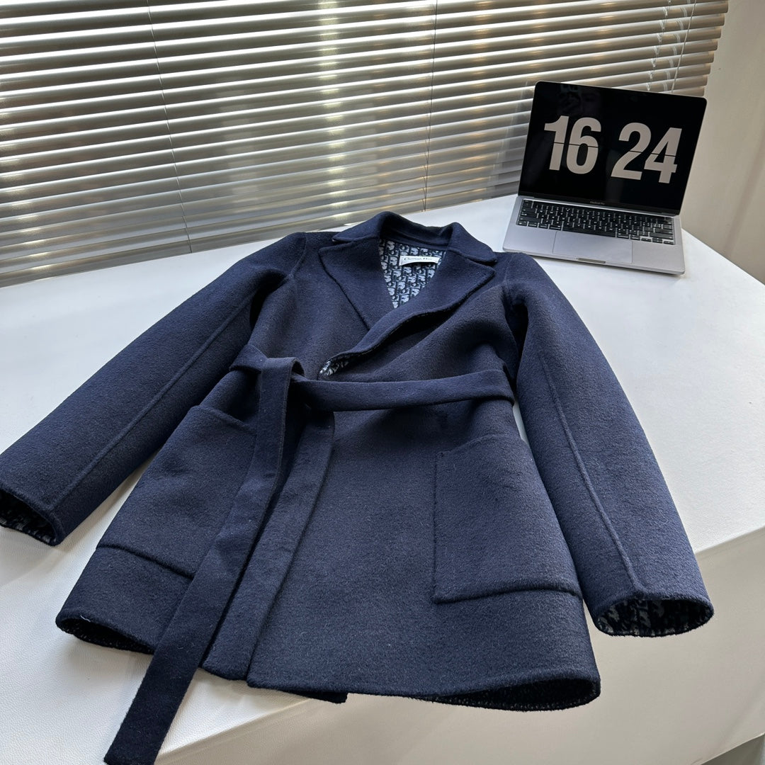 CD 26s Belted Short Wool Coat Navy Blue Oblique Wool 429354