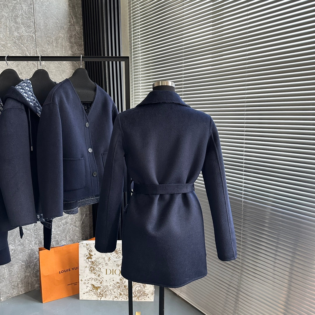 CD 26s Belted Short Wool Coat Navy Blue Cashmere Wool 429352
