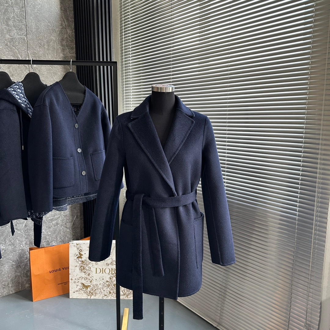 CD 26s Belted Short Wool Coat Navy Blue Cashmere Wool 429352