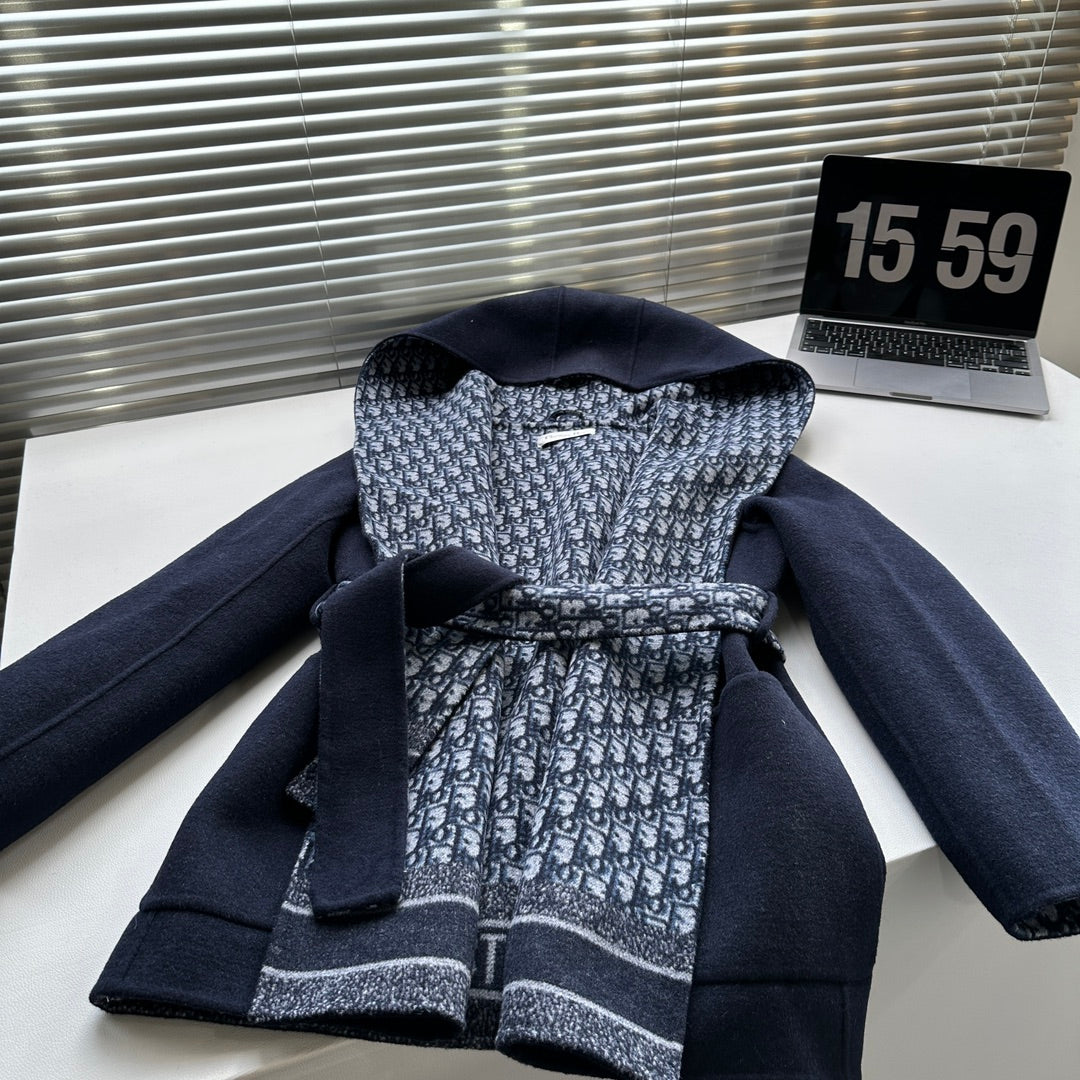 CD 26s Hooded Short Wool Coat Navy Blue Oblique Wool 429351