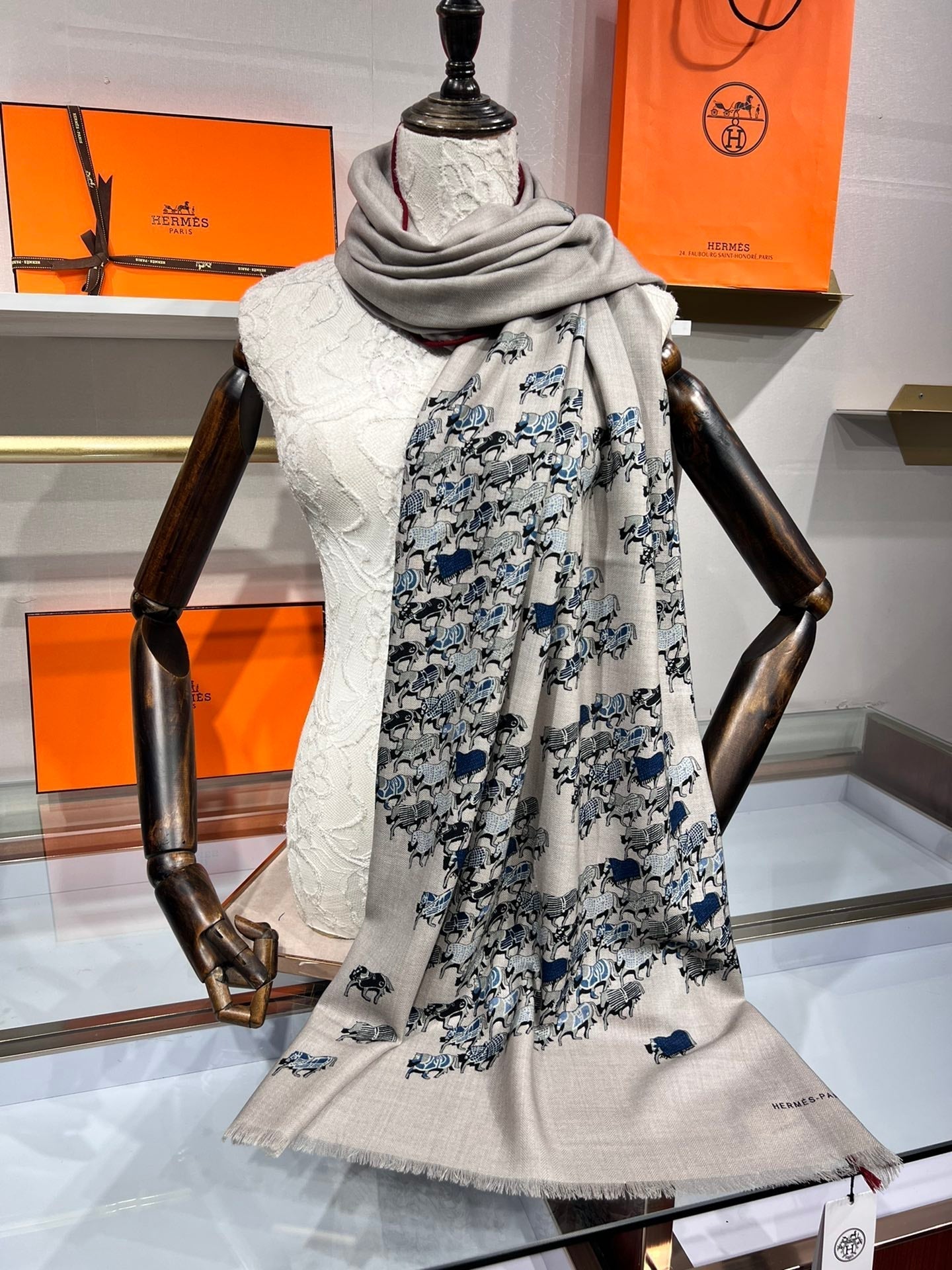 Hermes velvet scarf 185 CM Rice Gray Cotton Fabric