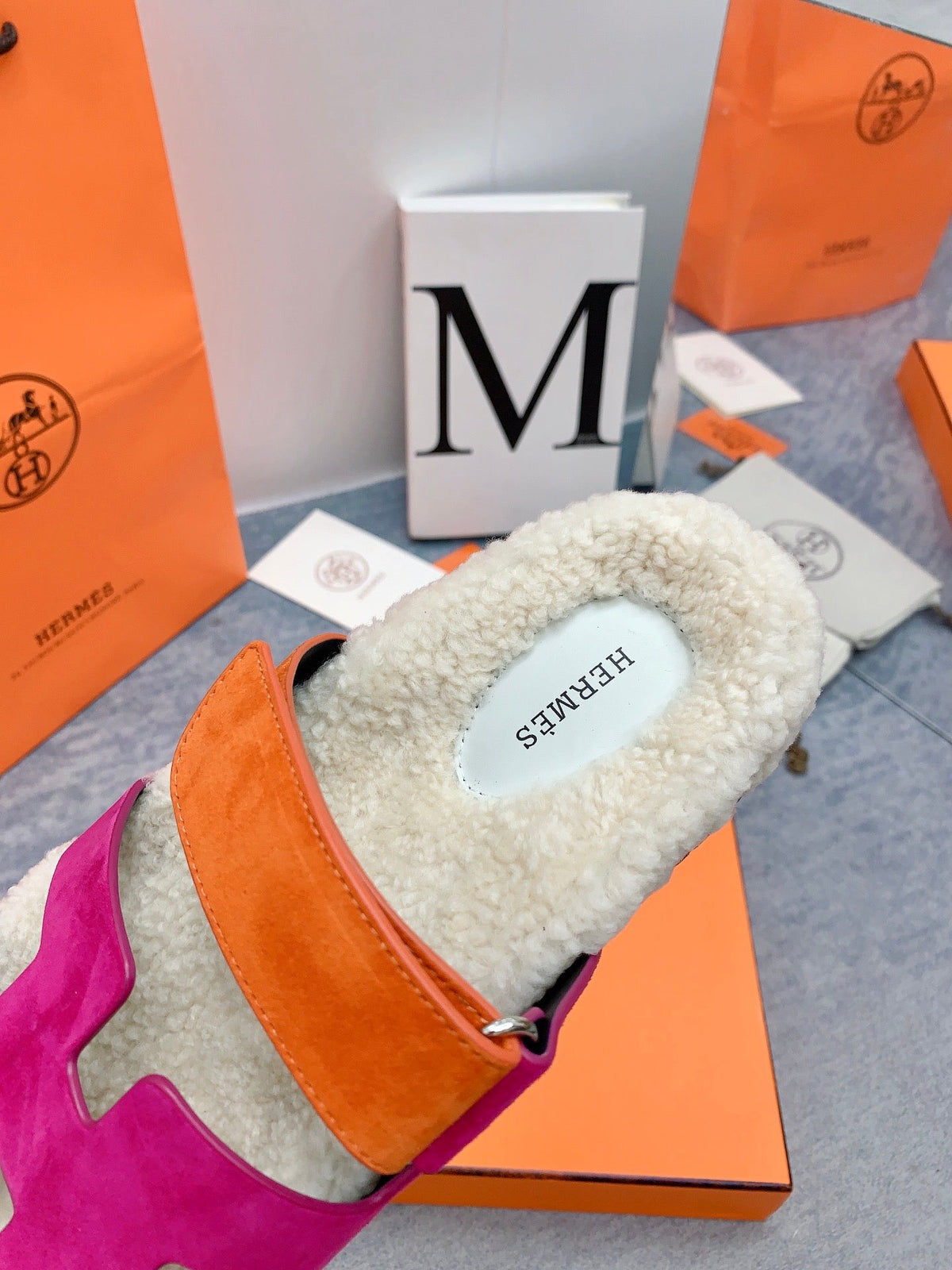 HM 26s Chypre Sandals Framboise Orange Suede Shearling 160905
