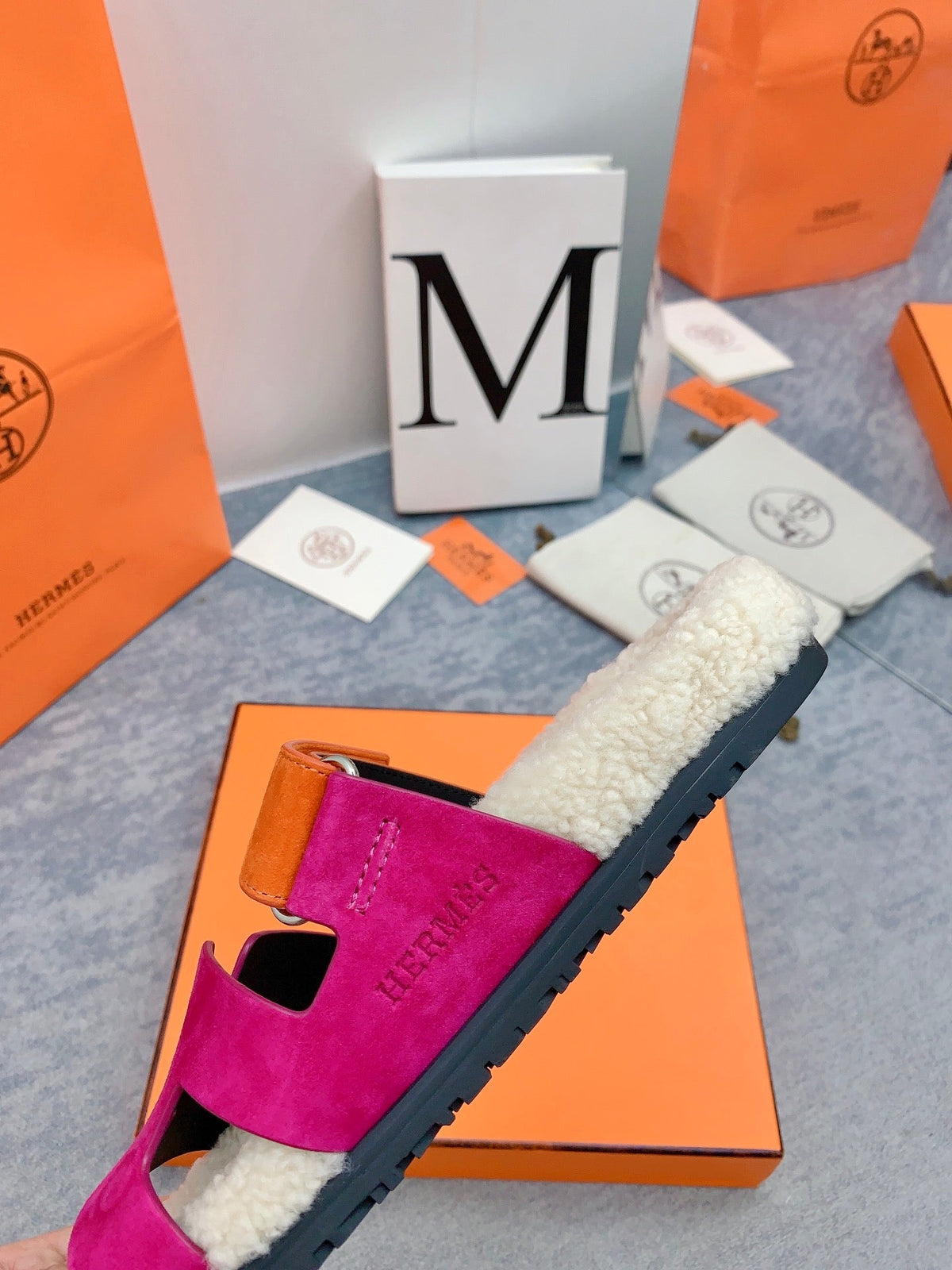 HM 26s Chypre Sandals Framboise Orange Suede Shearling 160905