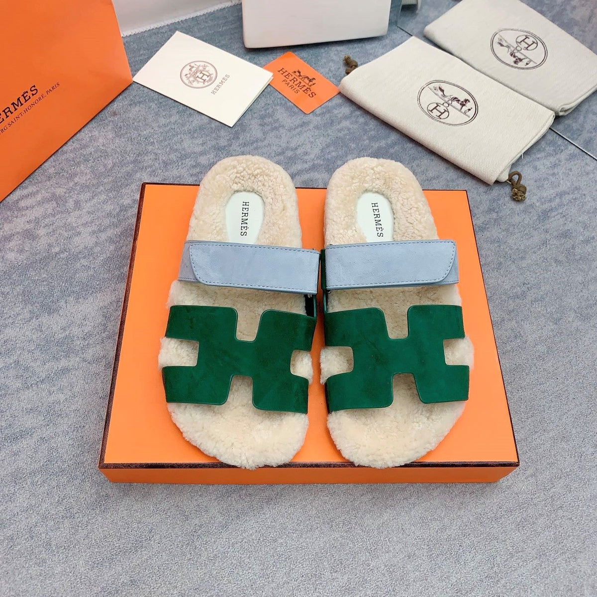 HM 26s Chypre Sandals Vert Émeraude Suede Shearling 160922