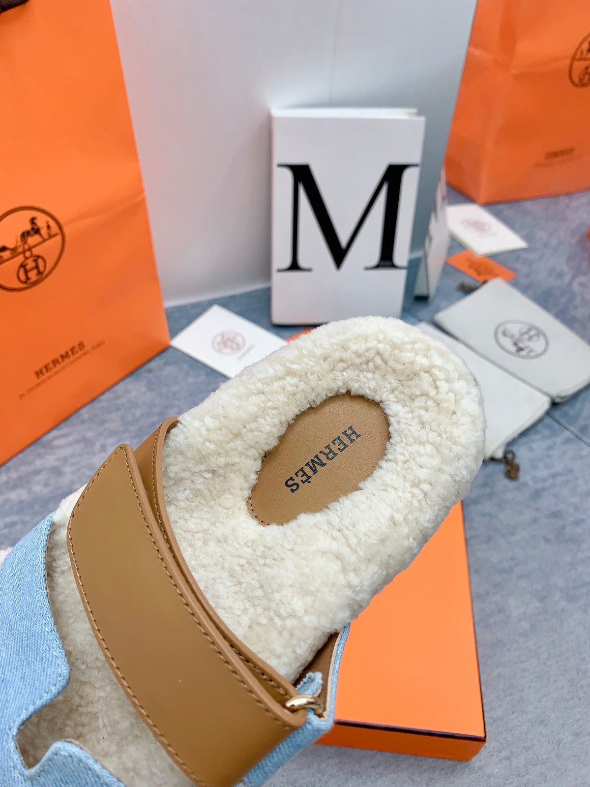 HM 26s Chypre Sandals Blue Denim Leather Shearling 160914