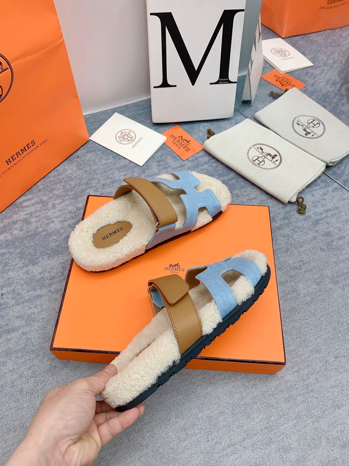HM 26s Chypre Sandals Blue Denim Leather Shearling 160914