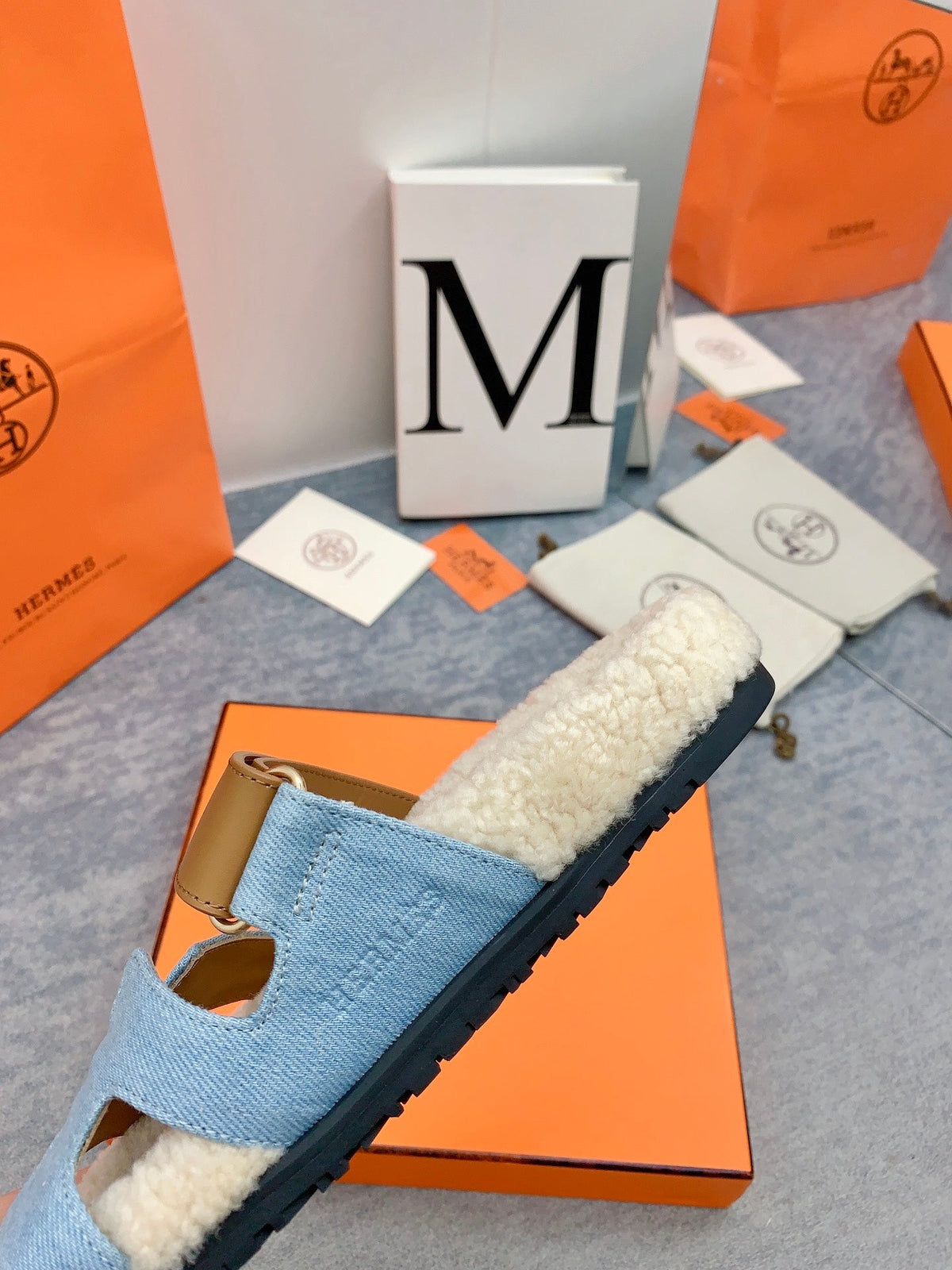 HM 26s Chypre Sandals Blue Denim Leather Shearling 160914