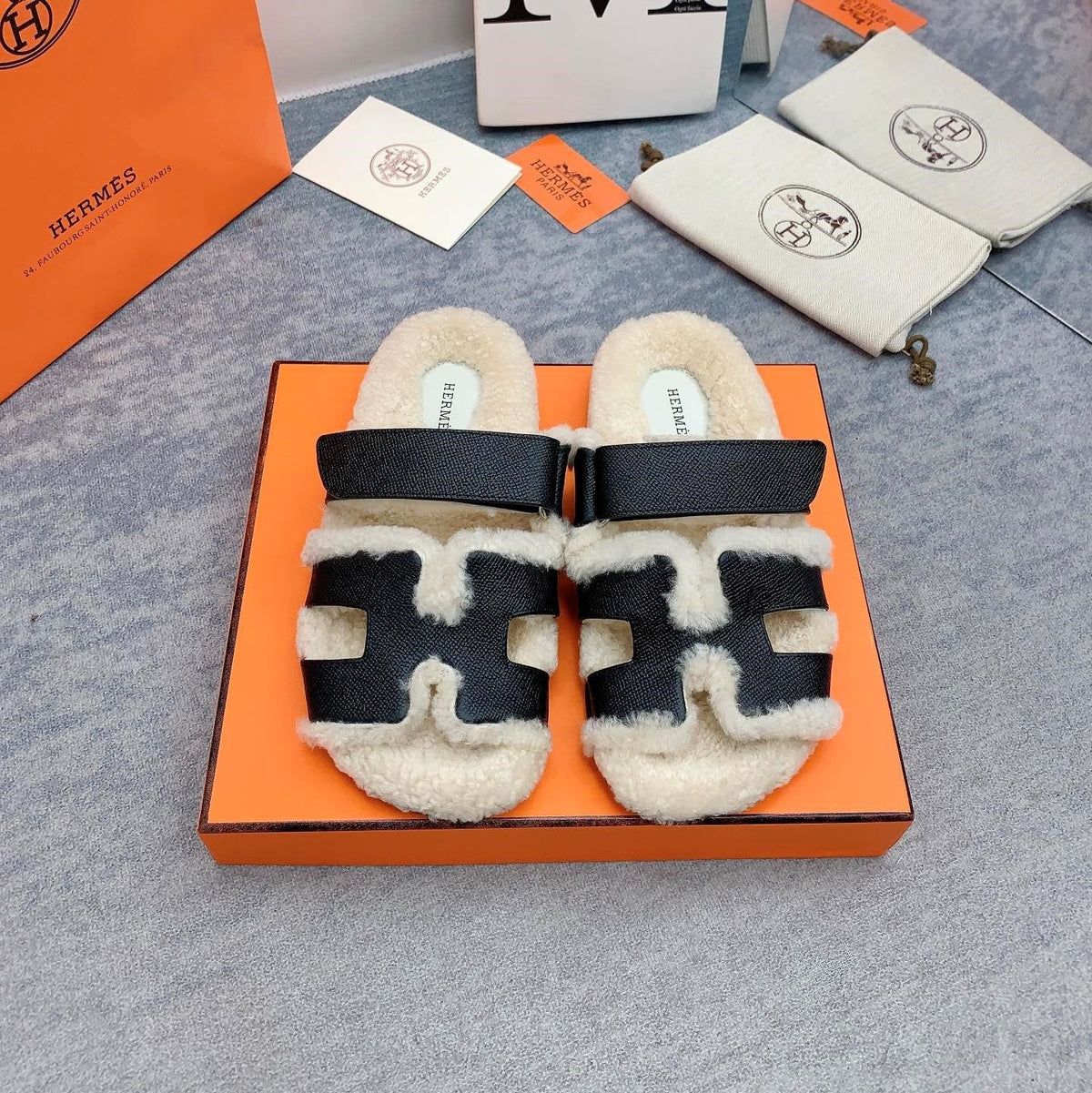 HM 26s Chypre Sandals Black Leather Shearling 160916