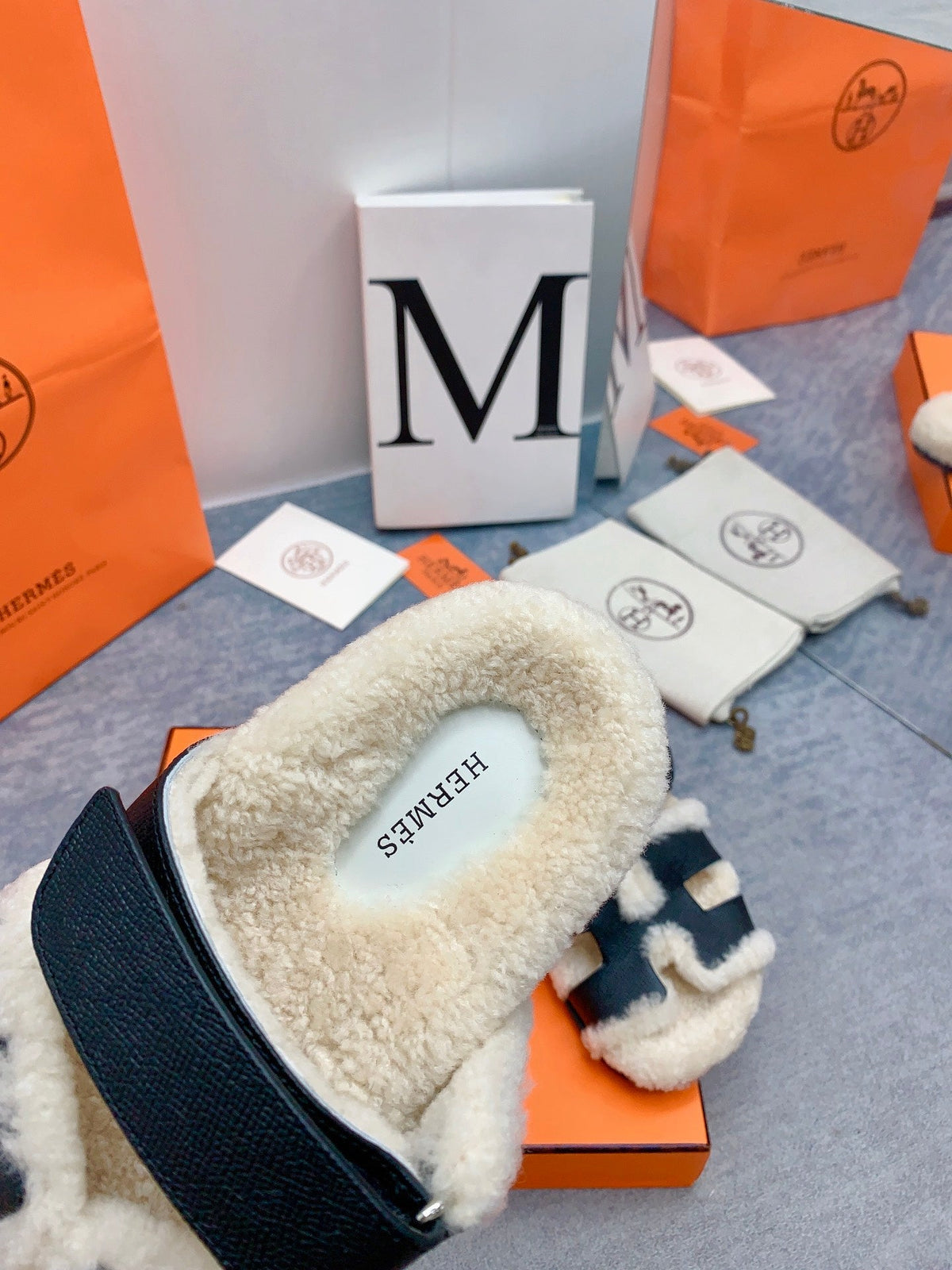 HM 26s Chypre Sandals Black Leather Shearling 160916
