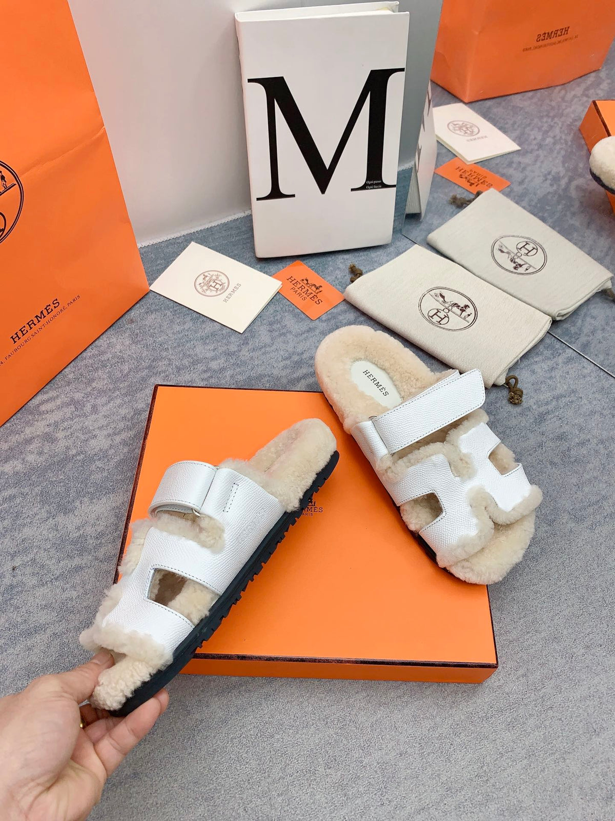HM 26s Chypre Sandals White Leather Shearling 160919