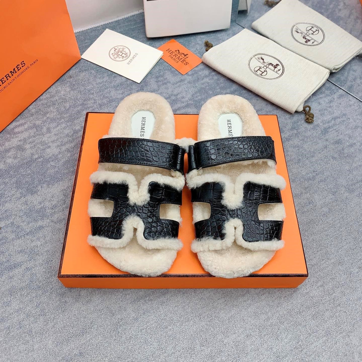 HM 26s Chypre Sandals Black Croc Patent Leather Shearling 160917