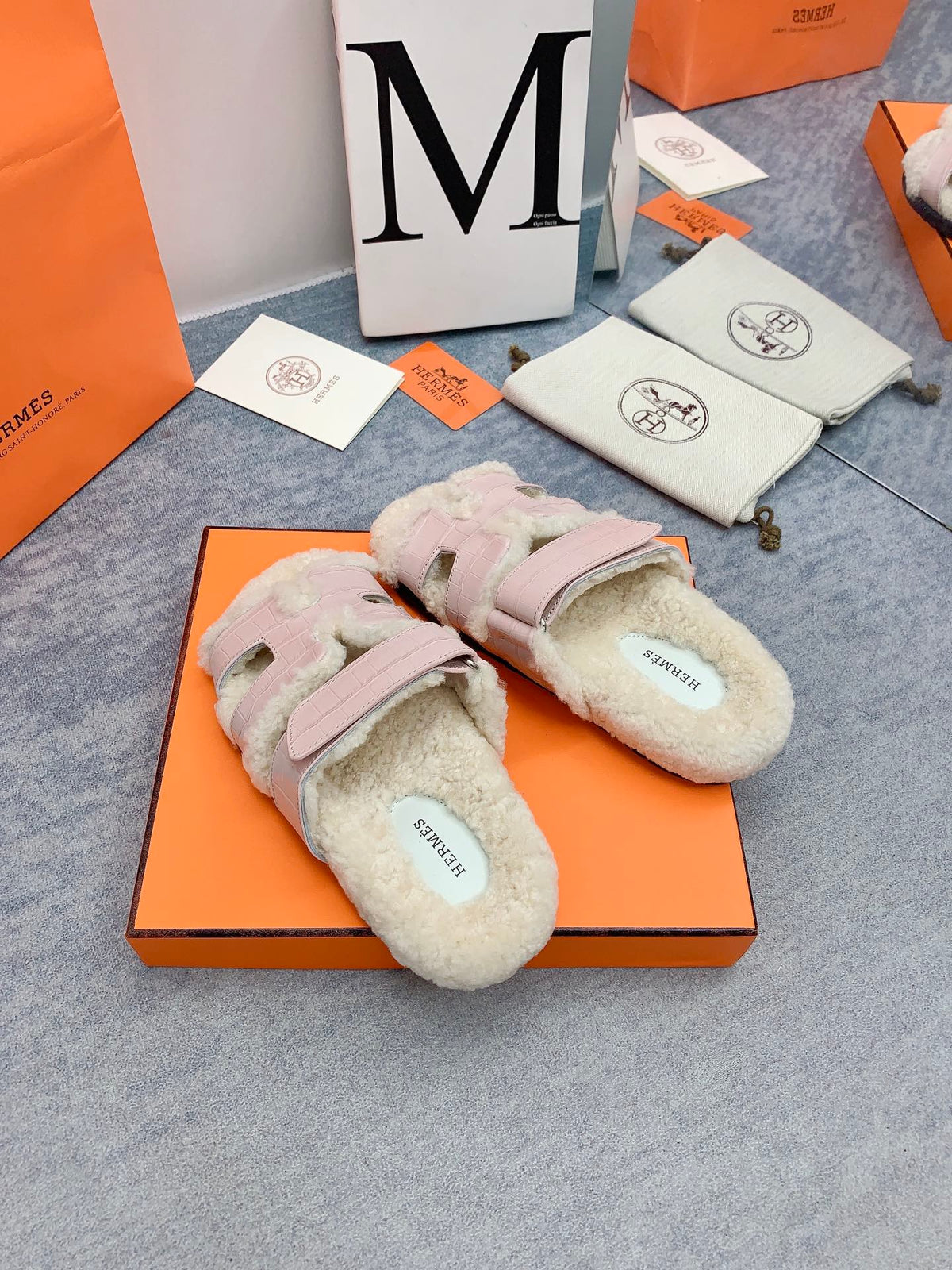 HM 26s Chypre Sandals Pink Croc Patent Leather Shearling 160918