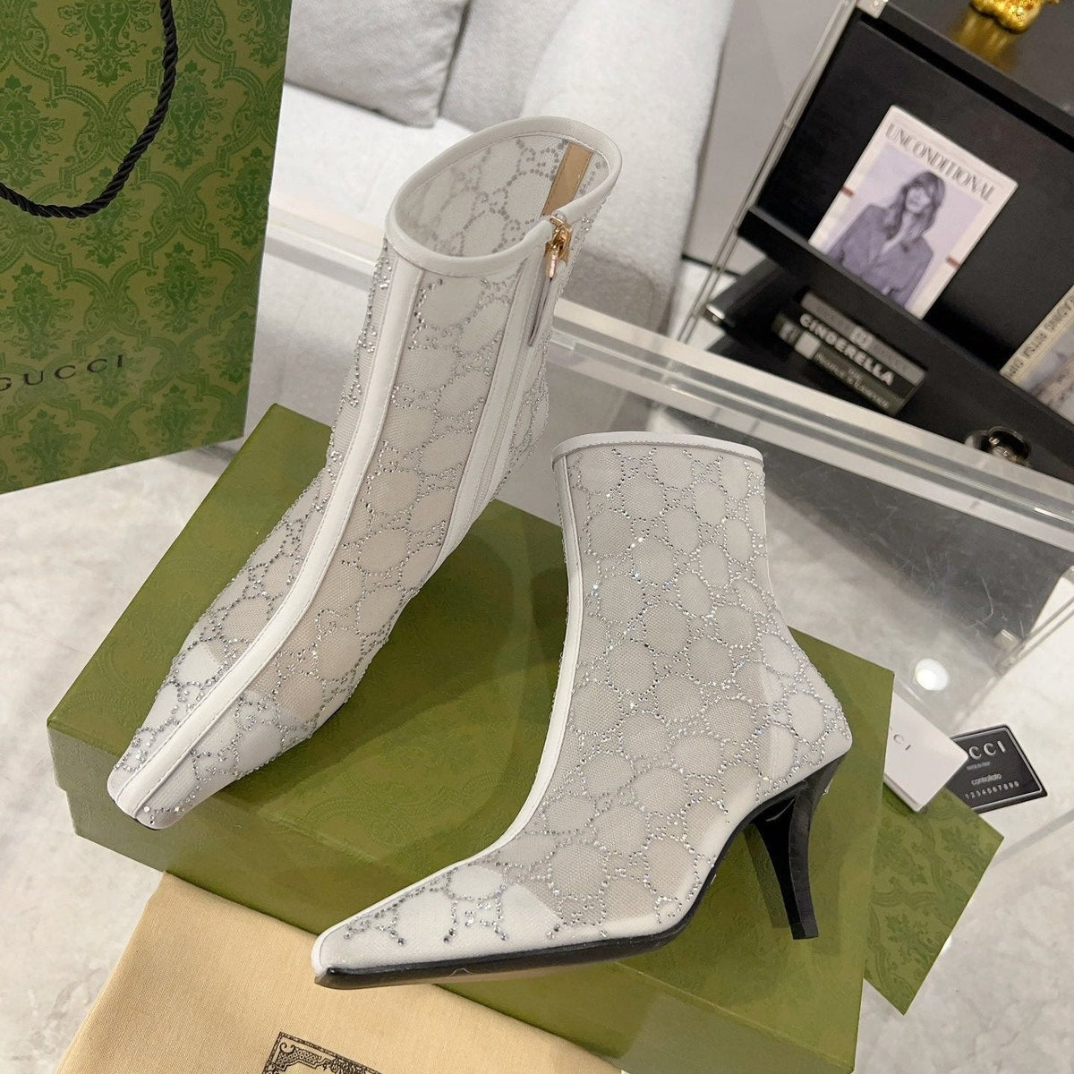 Gucci Ankle Boots In White Mesh And Sheepskin With Gg Crystals