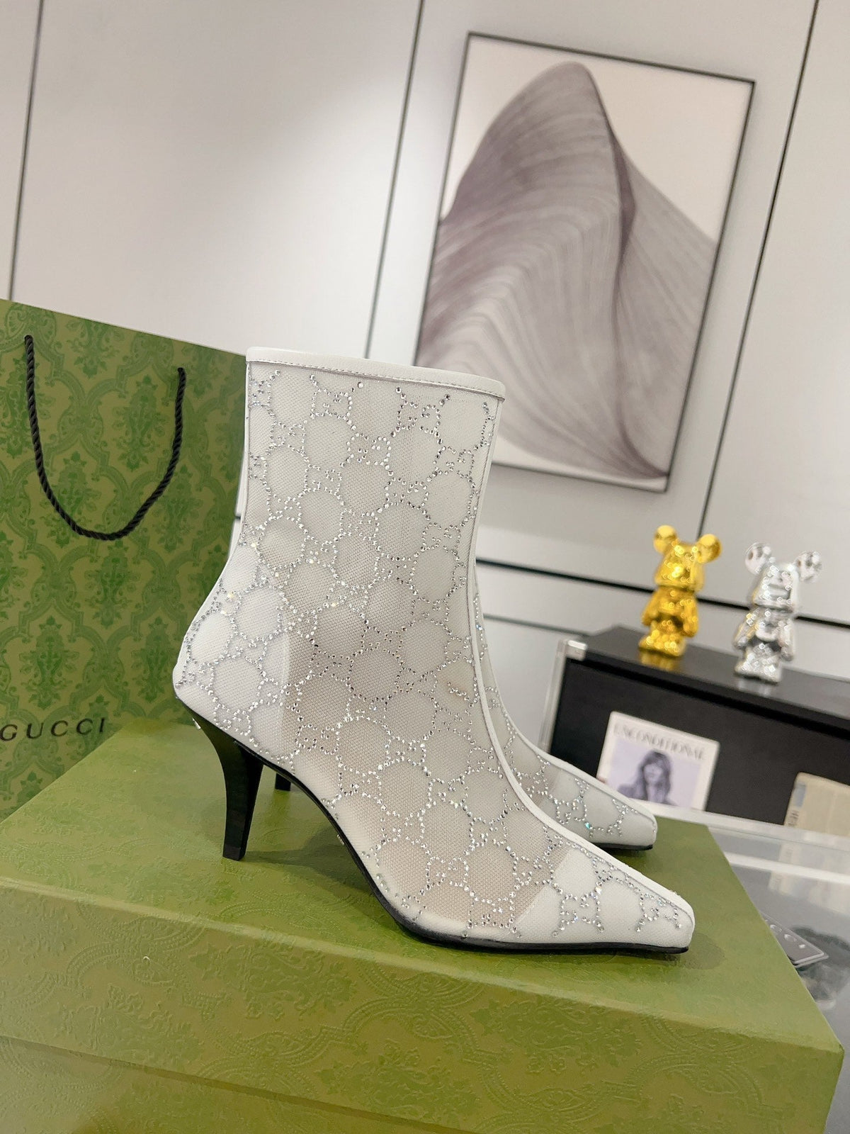 Gucci Ankle Boots In White Mesh And Sheepskin With Gg Crystals
