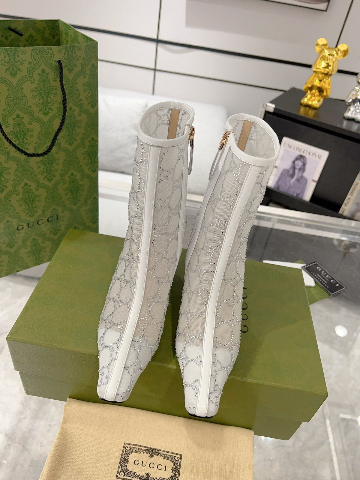 Gucci Ankle Boots In White Mesh And Sheepskin With Gg Crystals