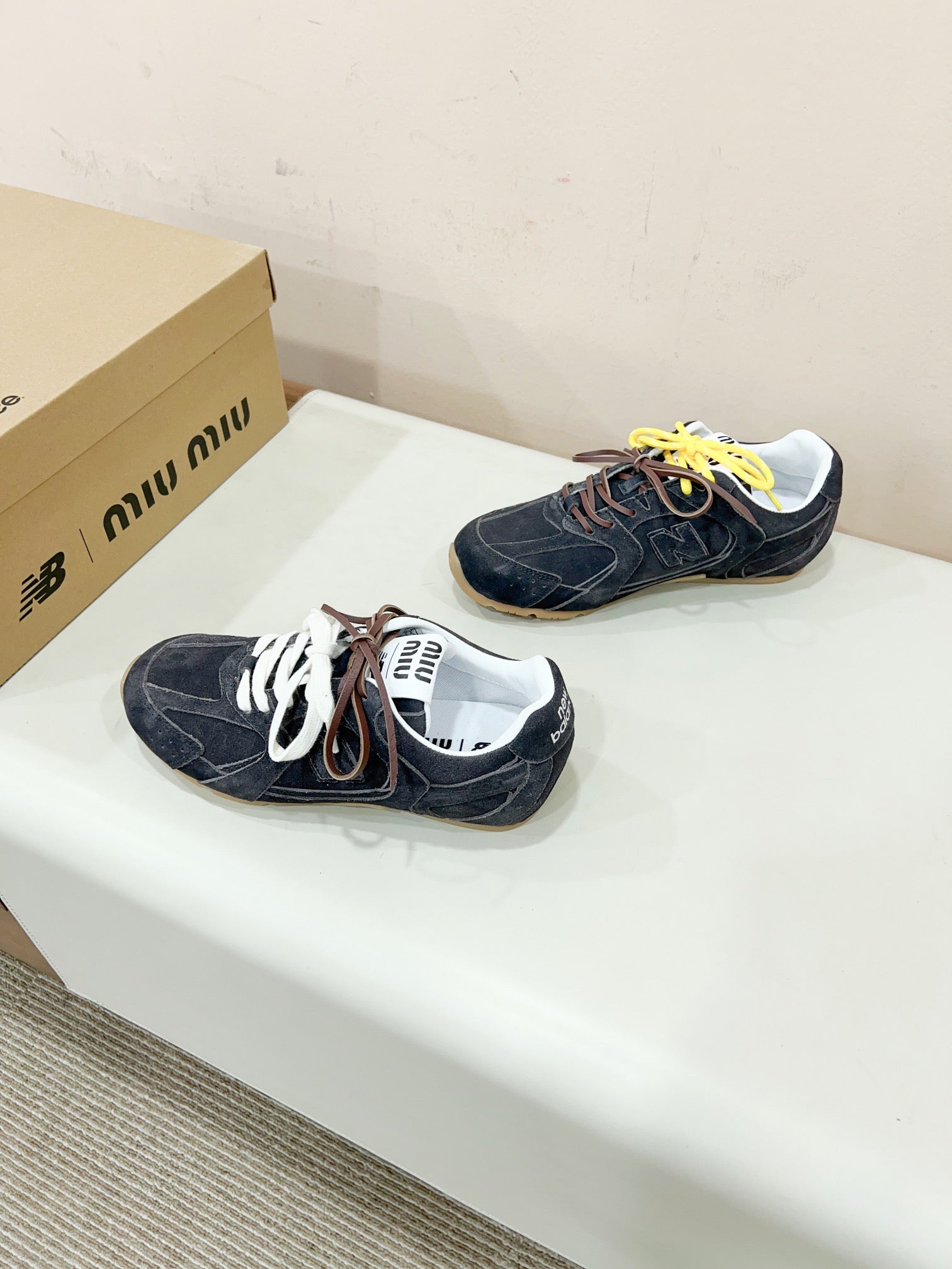 Miu Miu Pre-Owned x New Balance Sneakers Dark Gray Yellow Cowhide Suede