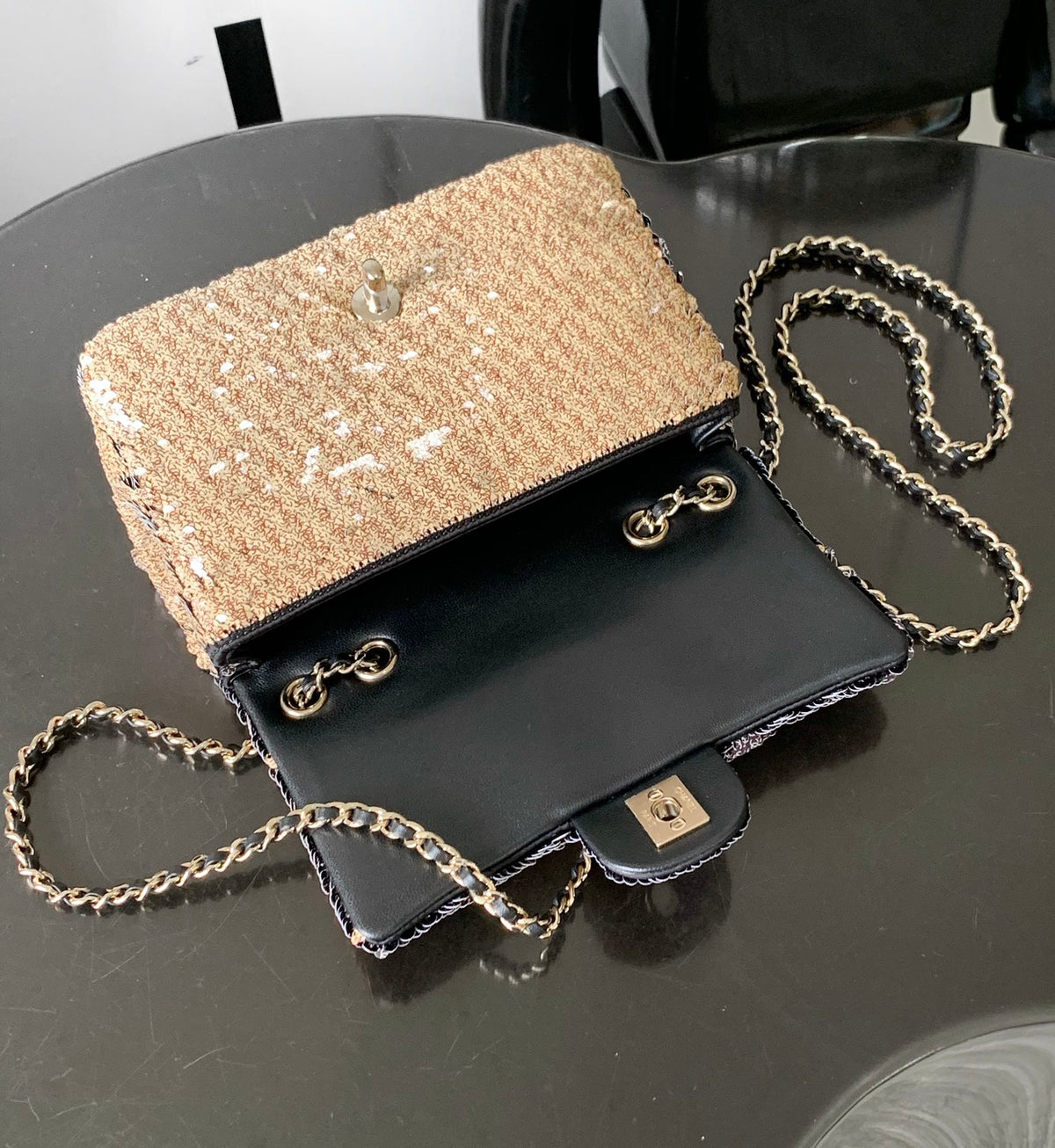 CC 26s Flap Bag Beige CC Logo Printed Sequins 996772 GHW