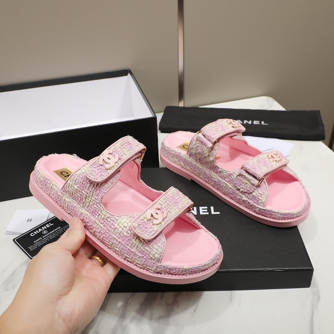 CC SS26 Dad Sandals Pink White Tweed Lambskin 678968