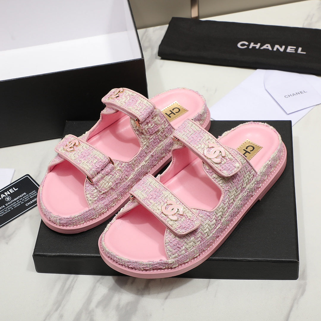 CC SS26 Dad Sandals Pink White Tweed Lambskin 678968