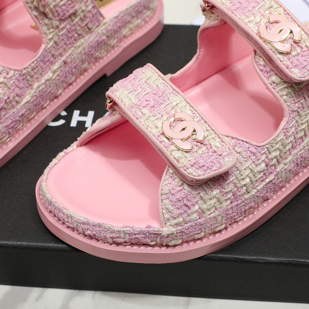 CC SS26 Dad Sandals Pink White Tweed Lambskin 678968