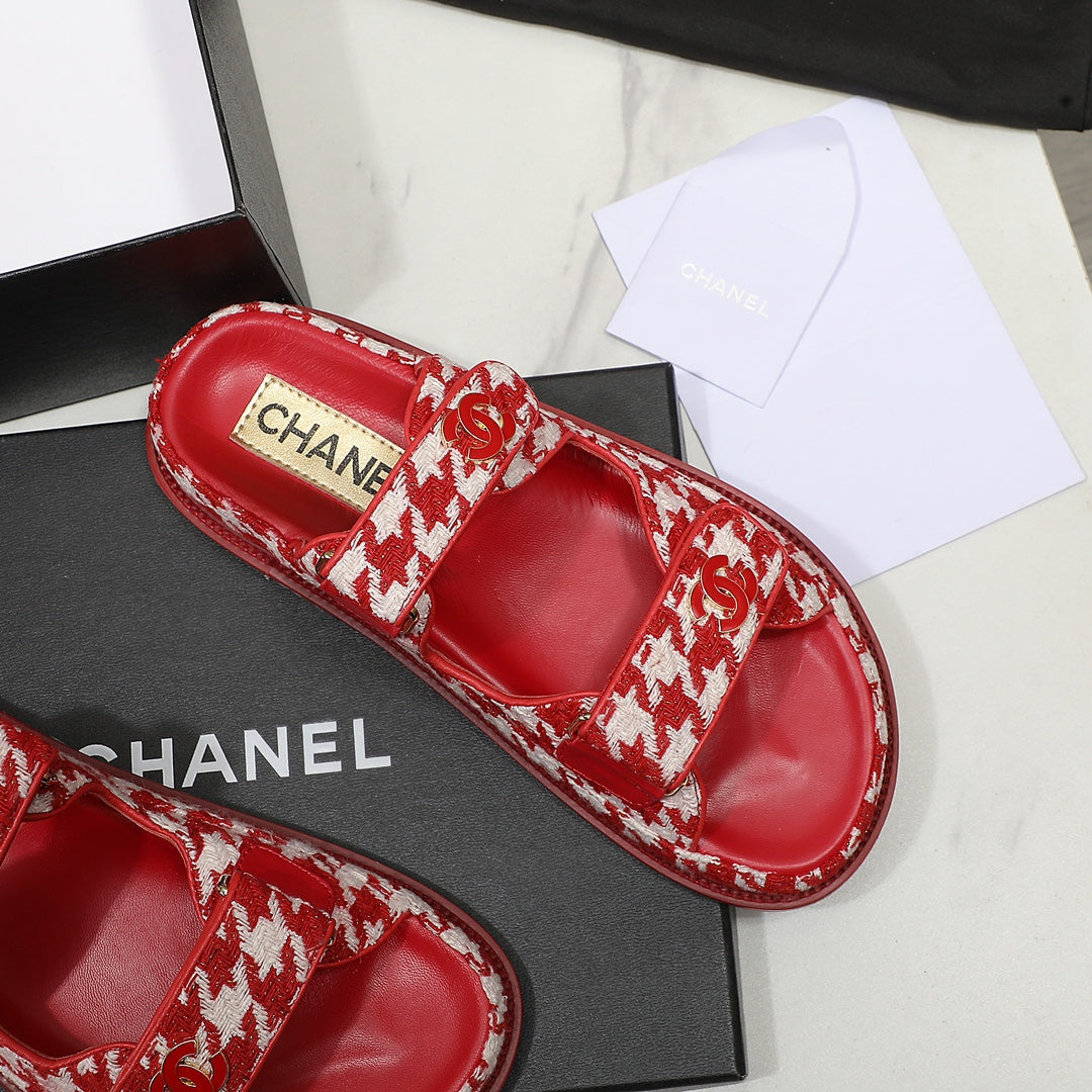 CC SS26 Dad Sandals Red White Tweed Lambskin 678968