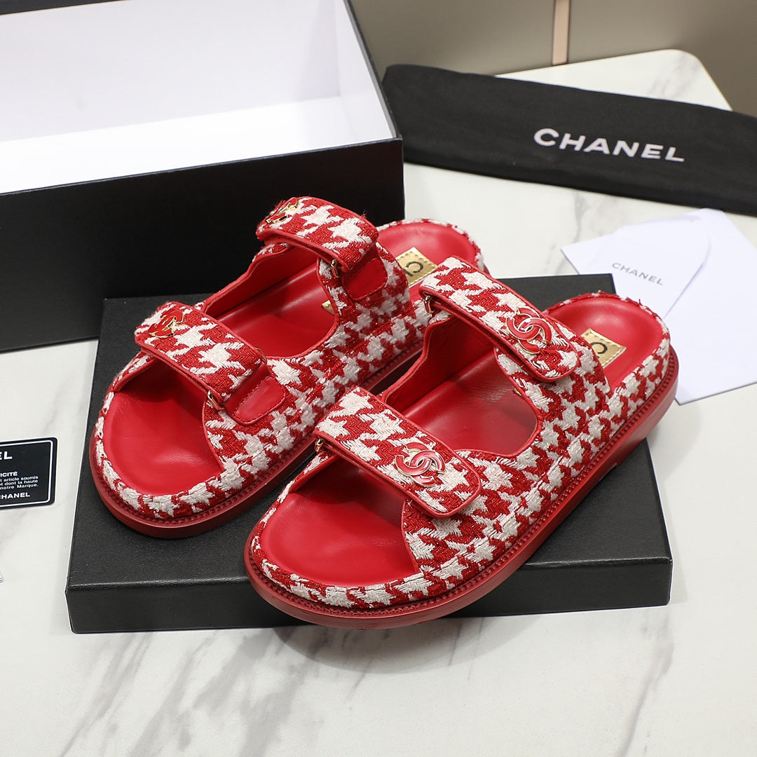 CC SS26 Dad Sandals Red White Tweed Lambskin 678968