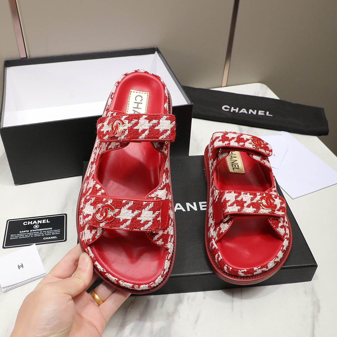 CC SS26 Dad Sandals Red White Tweed Lambskin 678968
