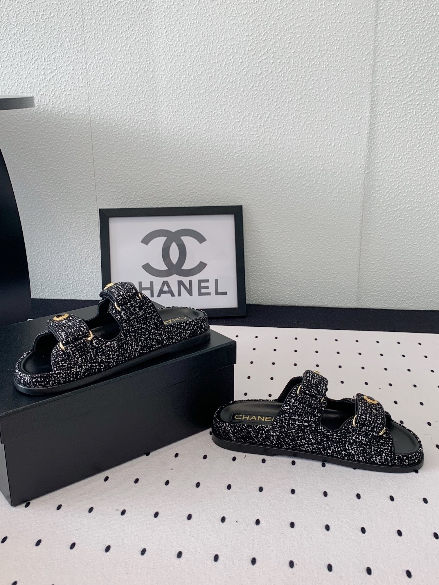 dad sandal mule black white tweed
