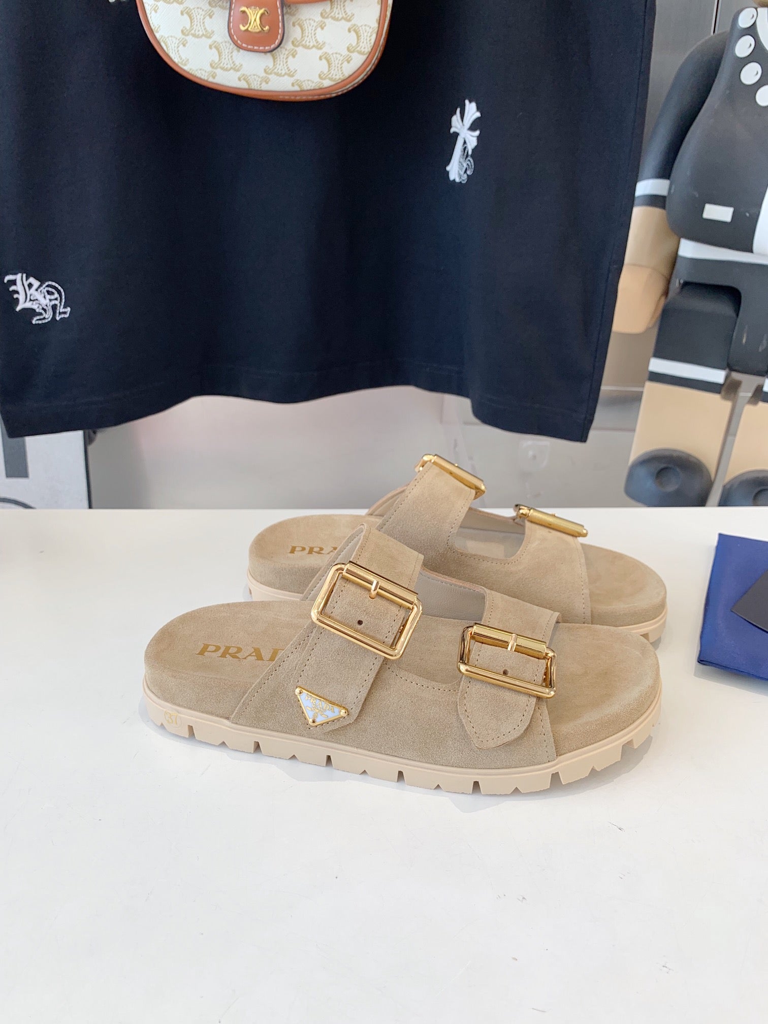 PRA STRAP SLIDES SANDALS BEIGE SUEDE 0001