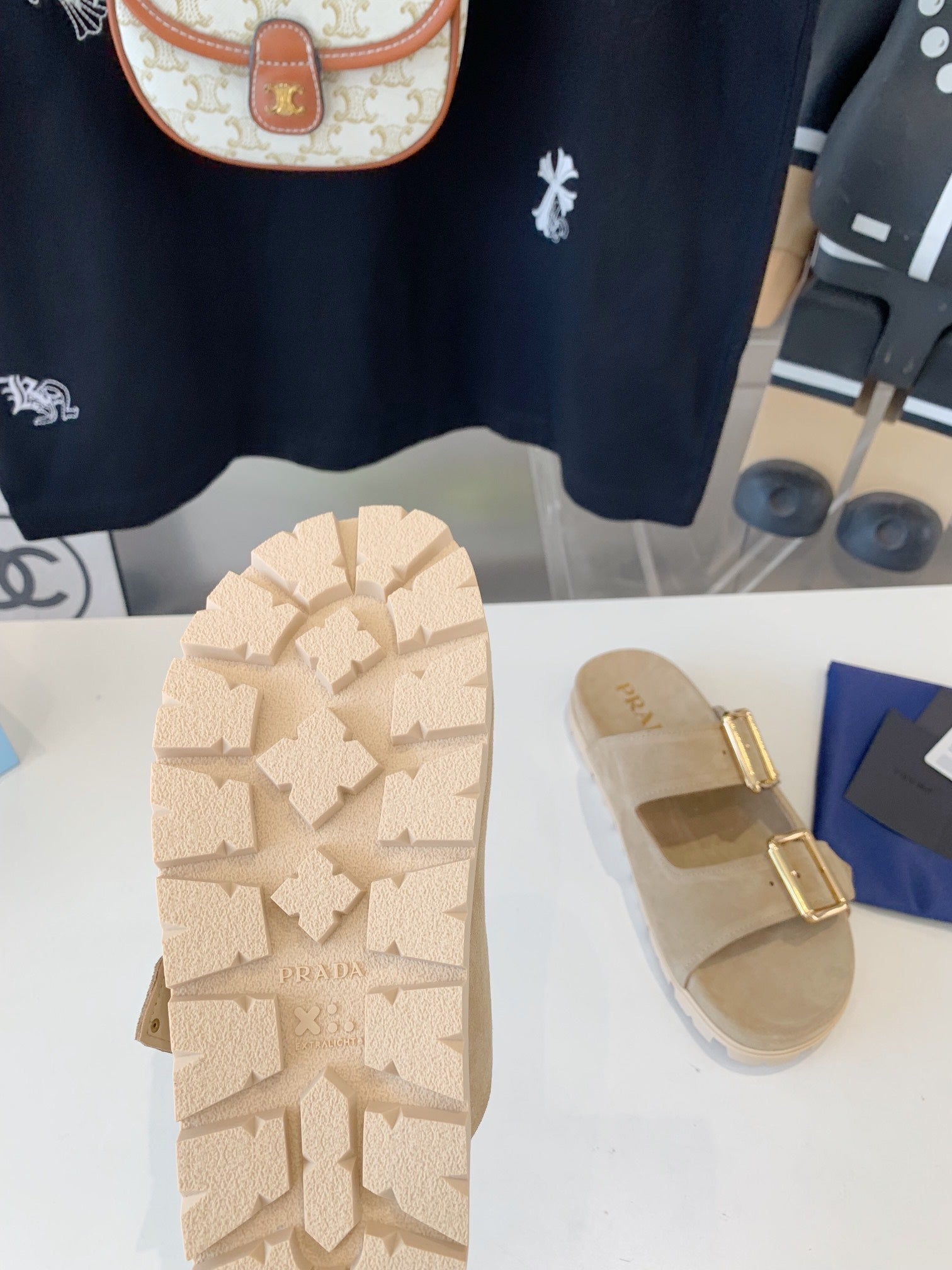 PRA STRAP SLIDES SANDALS BEIGE SUEDE 0001