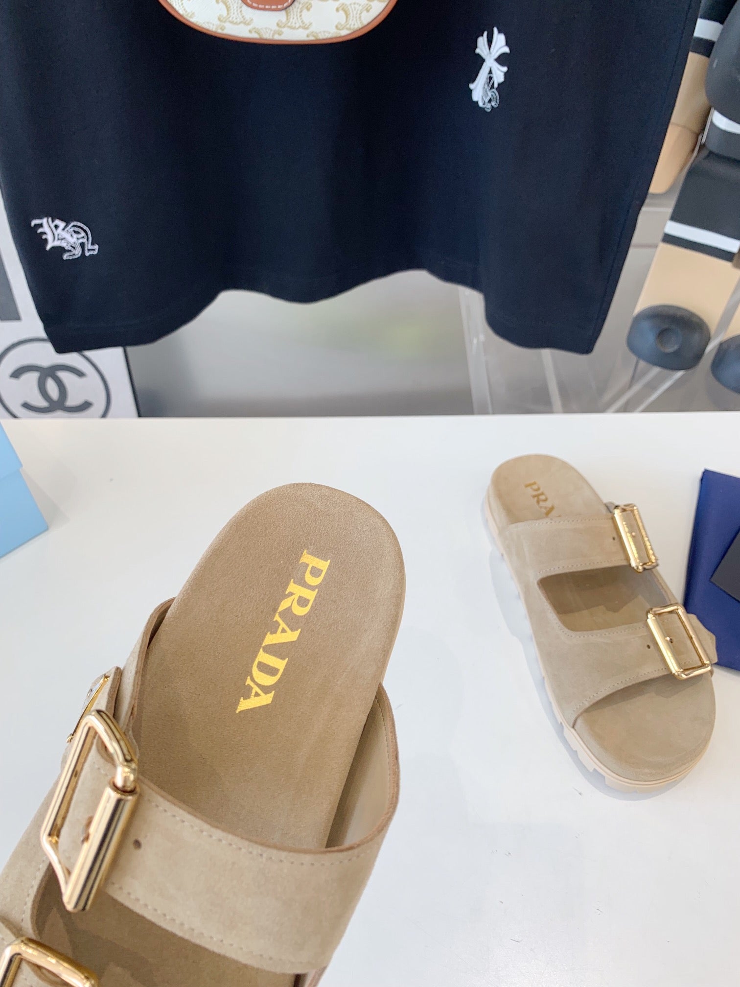 PRA STRAP SLIDES SANDALS BEIGE SUEDE 0001