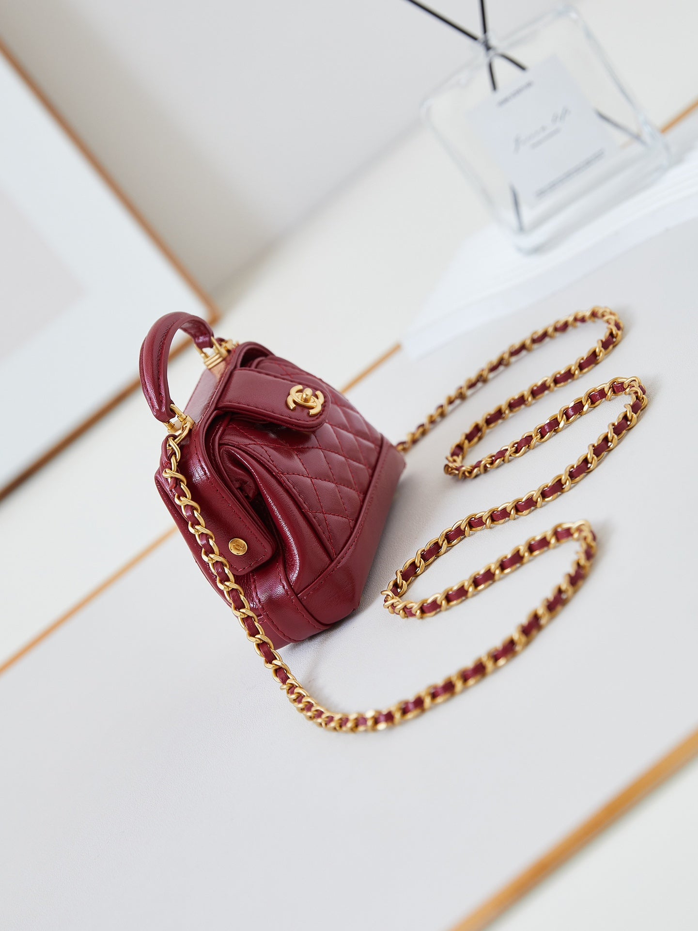 CC 24A Mini Top Handle 13cm Red Wax Leather Gold Hardware 238461