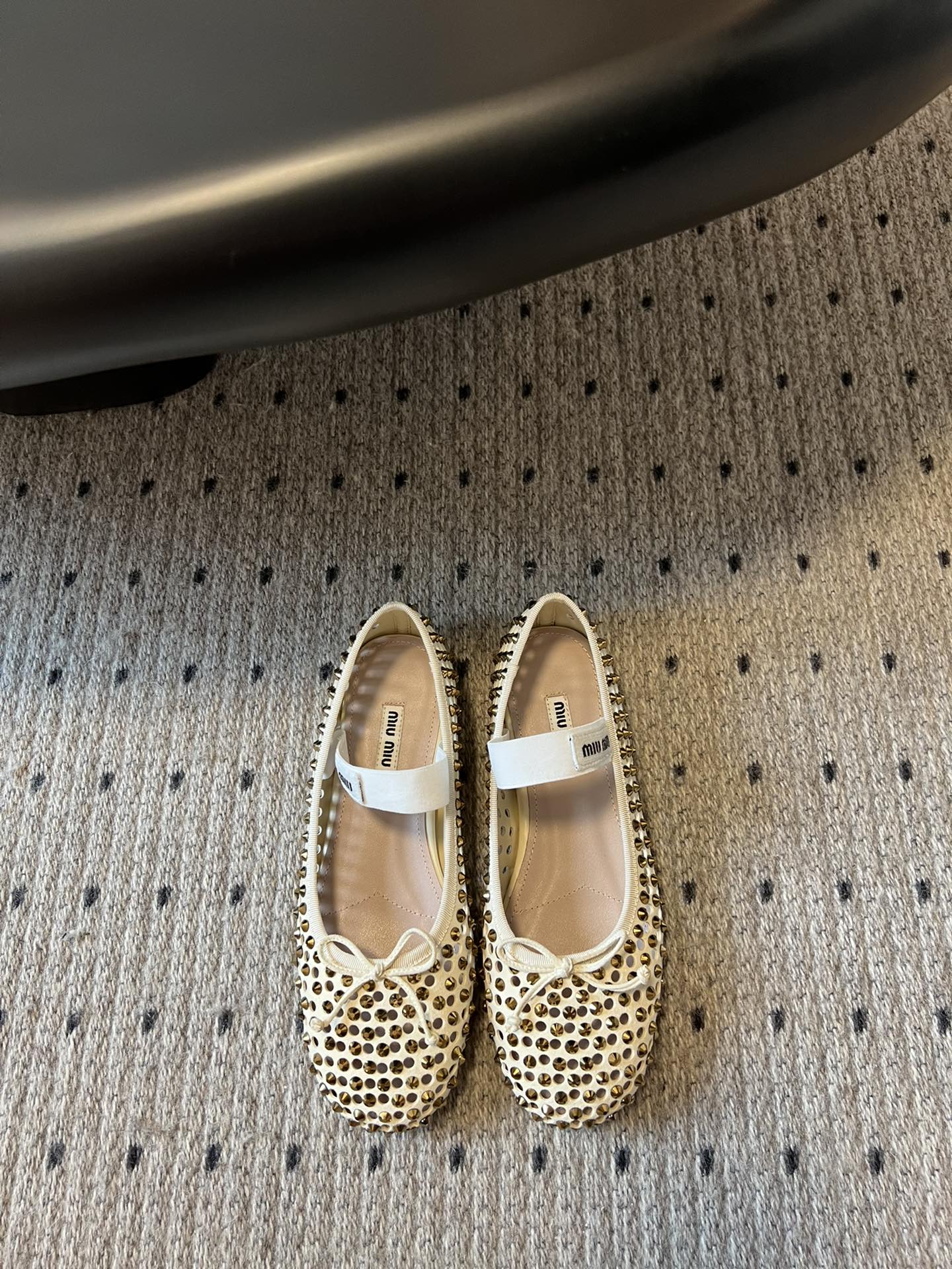 Miu 26s Ballerina Flats In Light Beige Mesh Calfskin With Rhinestones