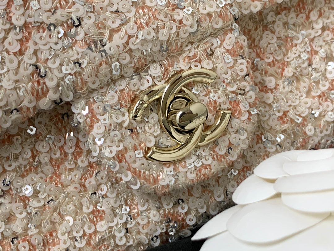 25C Flap Bag 20cm Beige Polka Dot Silver Sequin Calfskin