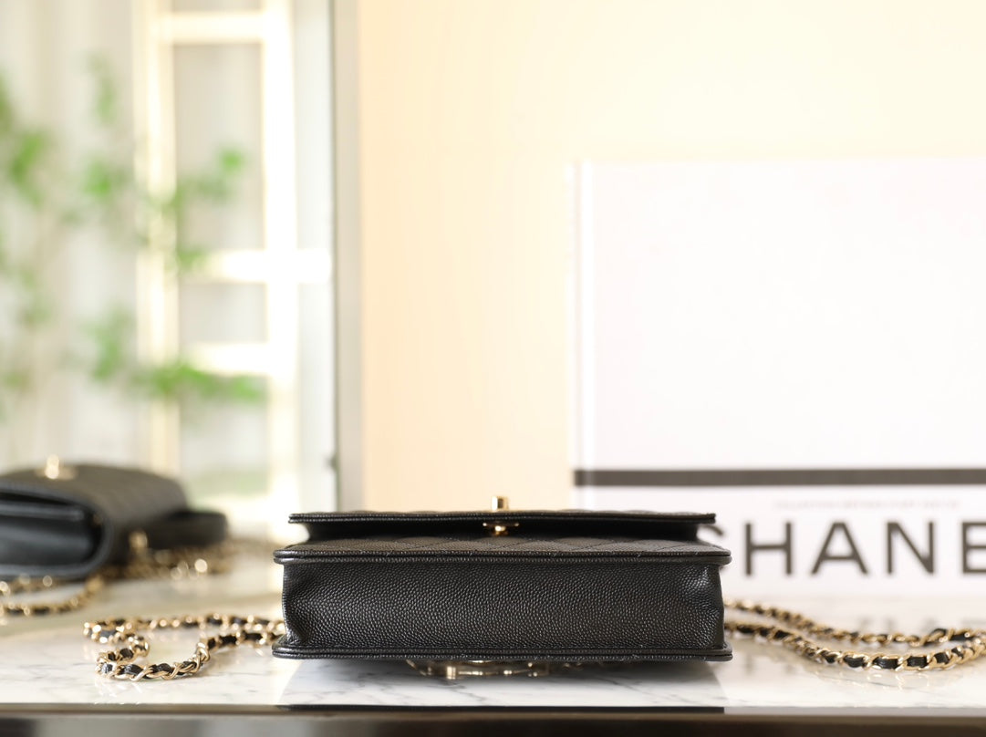 25C Flap Bag With Top Handle 18cm Black Grained Calfskin