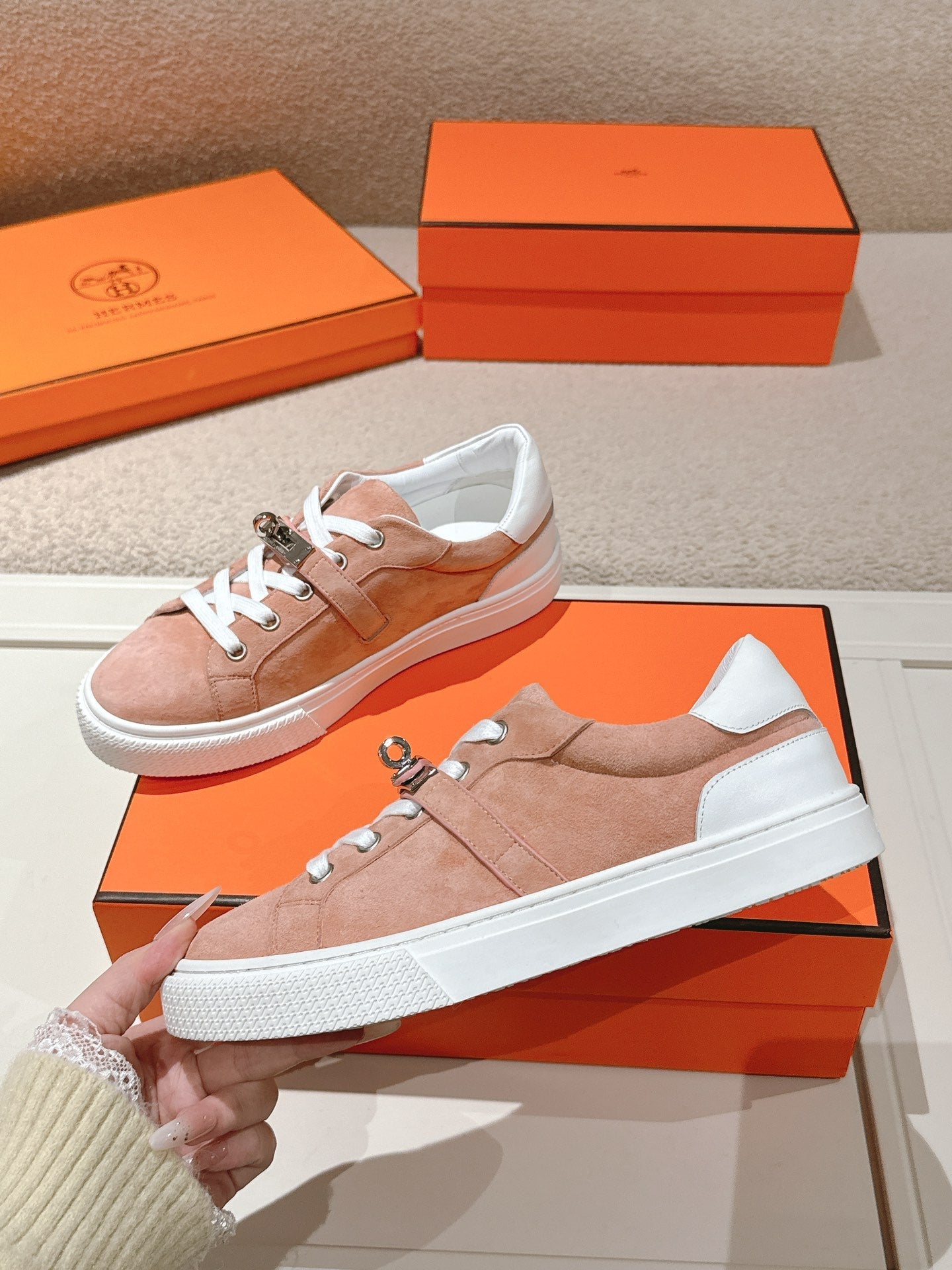 HM Day Sneakers Pink White Suede Calfskin 577495