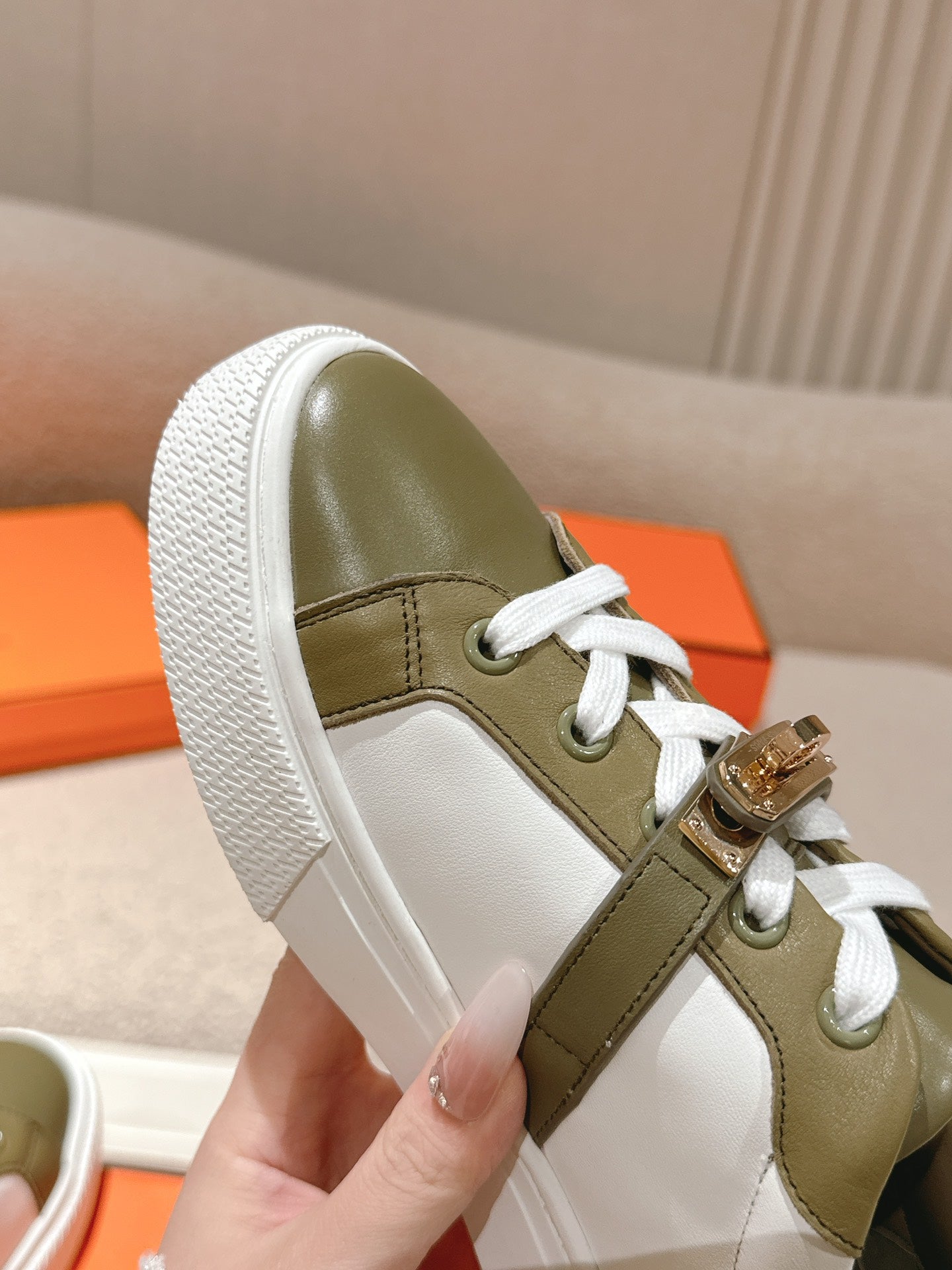 HM Day Sneakers White Olive Green Calfskin 577497