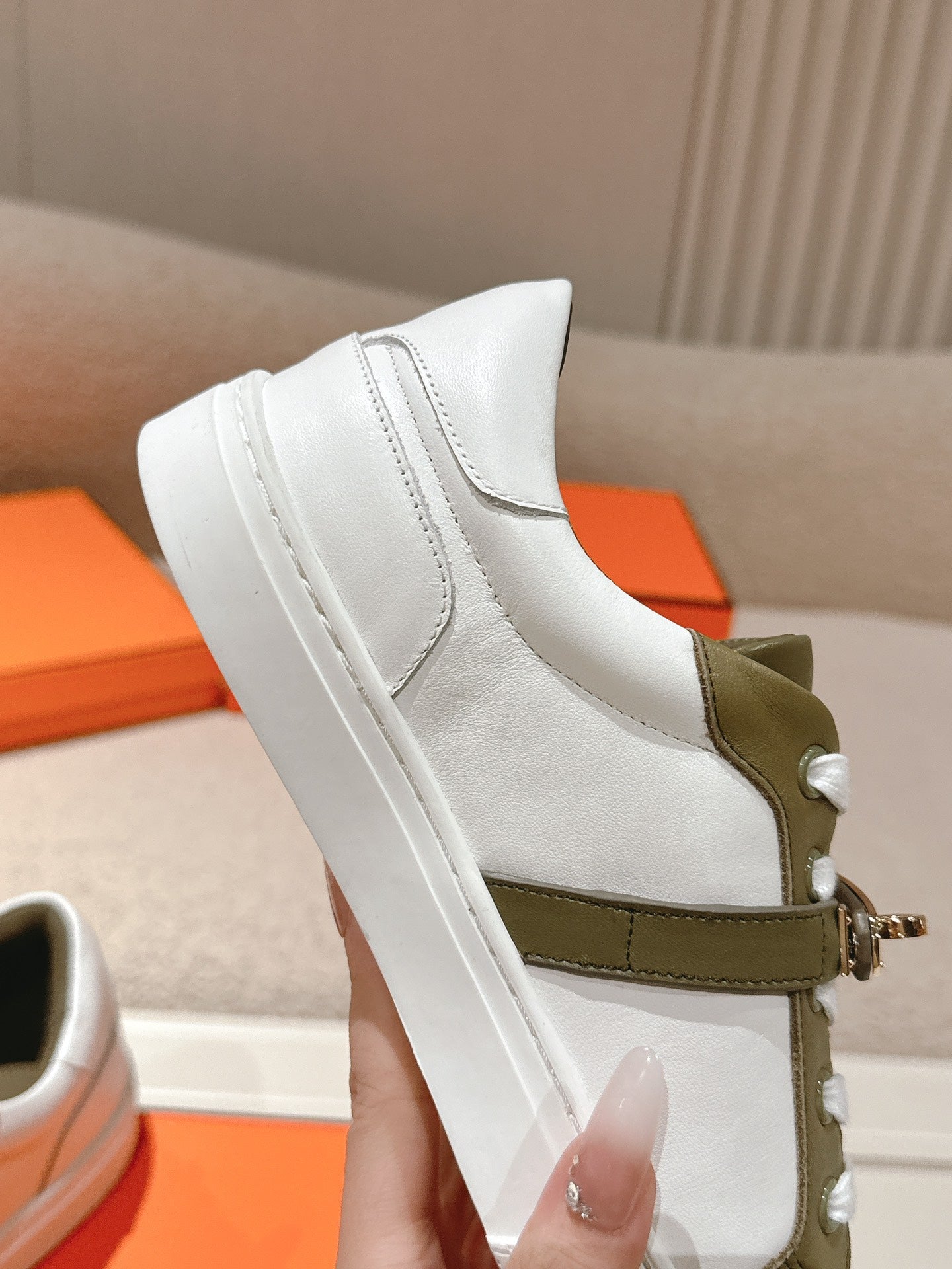 HM Day Sneakers White Olive Green Calfskin 577497