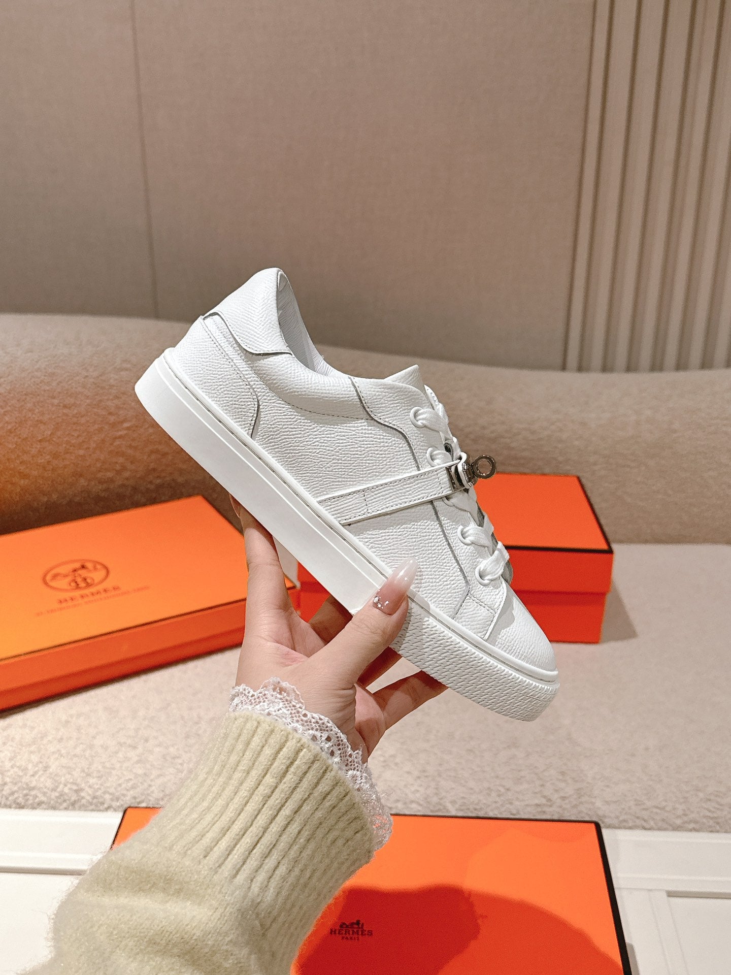 HM Day Sneakers White Togo Leather 577503