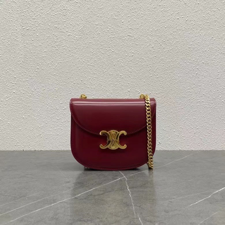 Celine Chain Besace Clea Bag Triomphe Burgundy Calfskin GHW