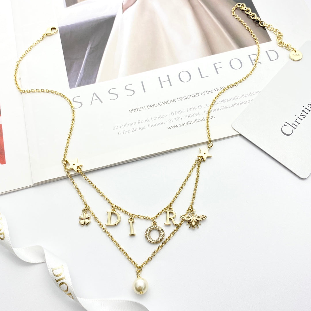 CD 26S Multi Charm Layered Dior Necklace With Pearl Drop In Gold Tone 631779