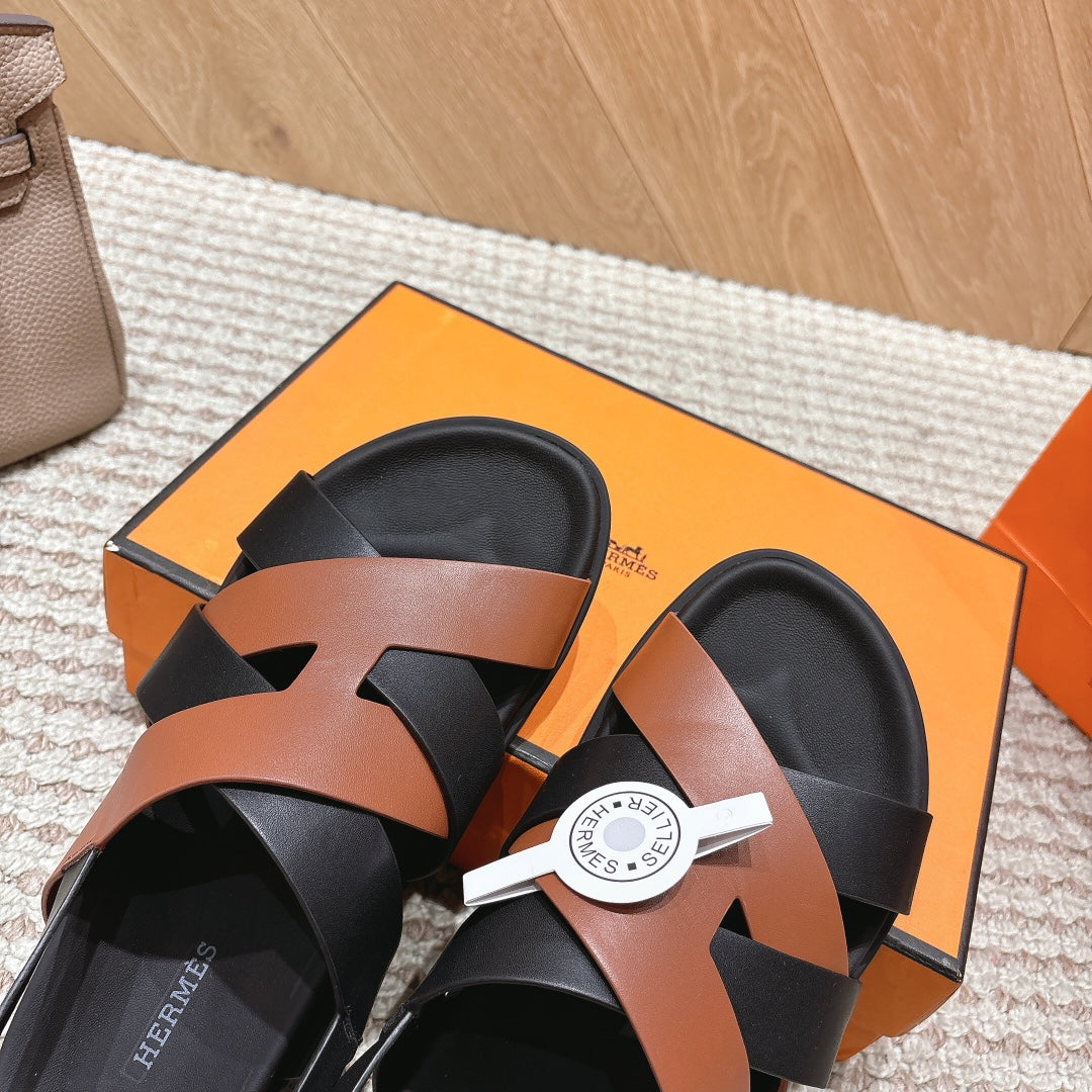 HM 26s Cross-Strap Sandals In Brown And Black Calfskin