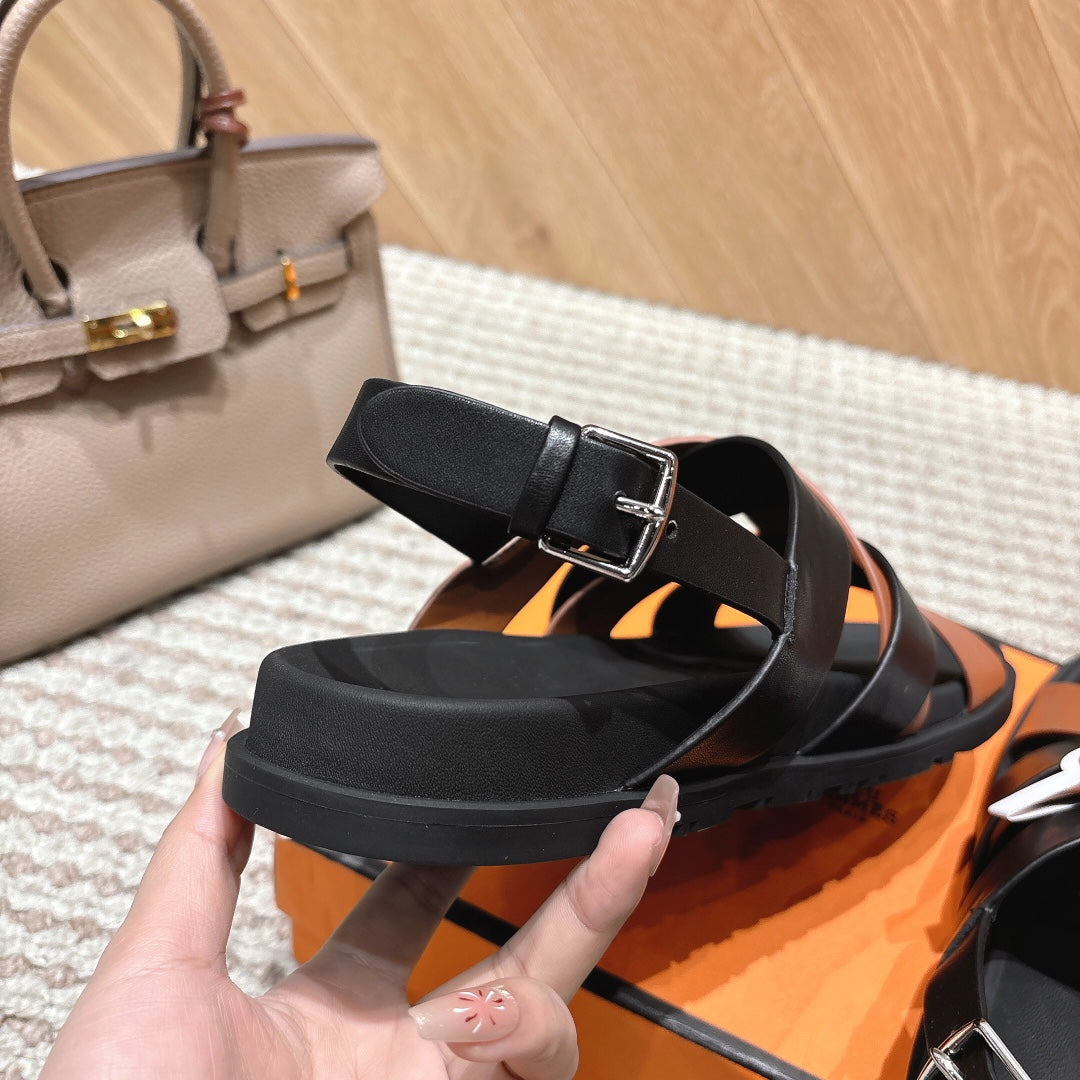 HM 26s Cross-Strap Sandals In Brown And Black Calfskin