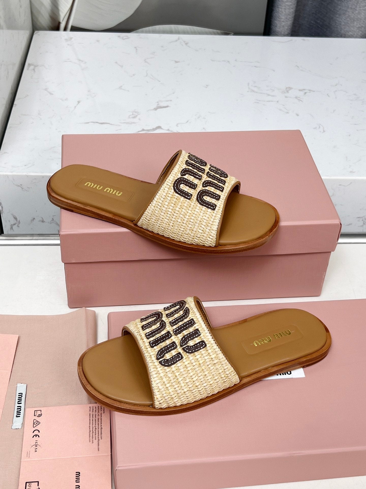 Miu Logo-Patch Slides Beige Brown Leather Raffia 935778