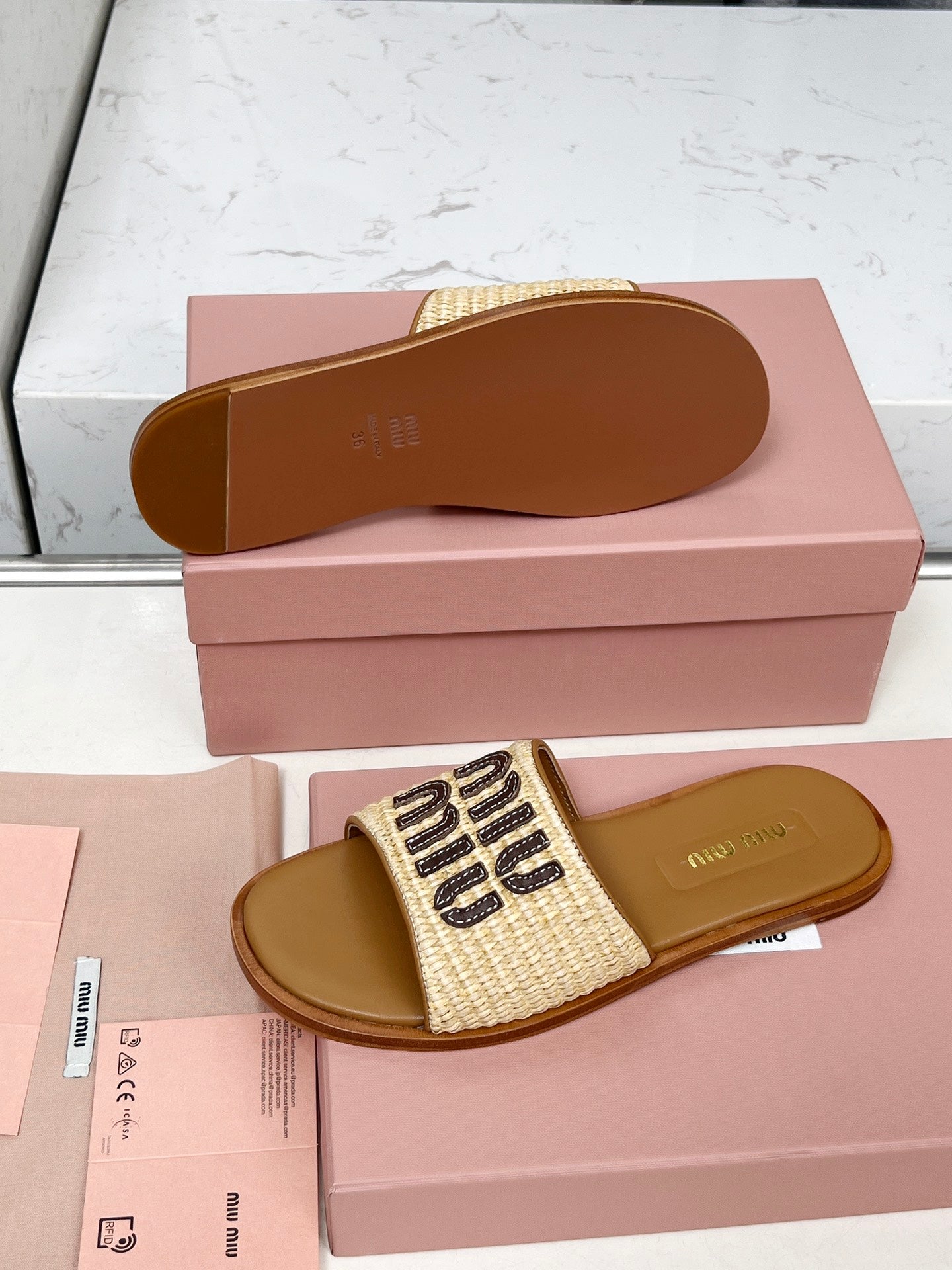 Miu Logo-Patch Slides Beige Brown Leather Raffia 935778