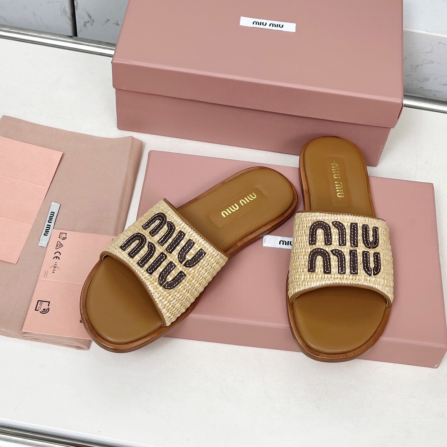 Miu Logo-Patch Slides Beige Brown Leather Raffia 935778