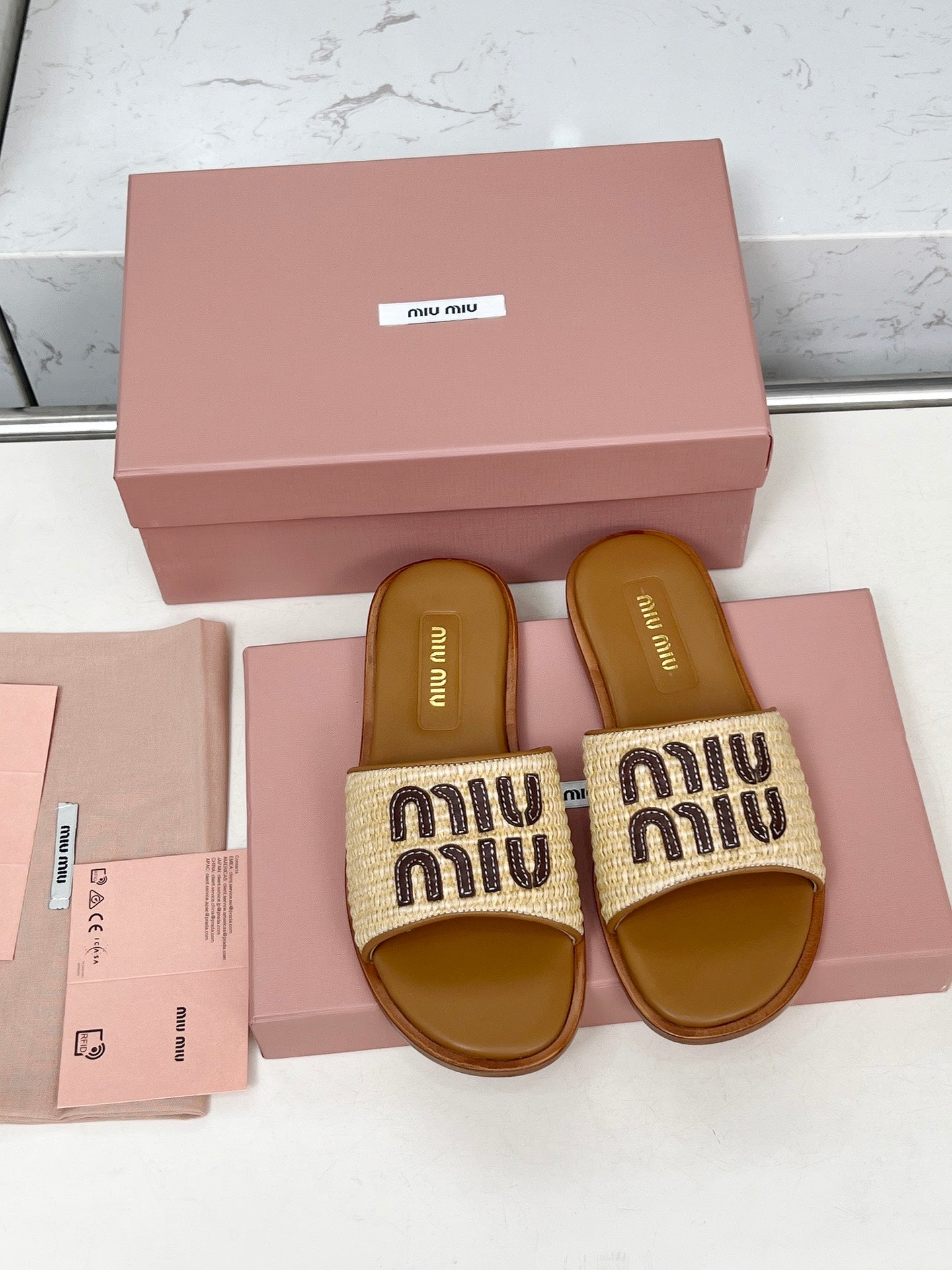Miu Logo-Patch Slides Beige Brown Leather Raffia 935778
